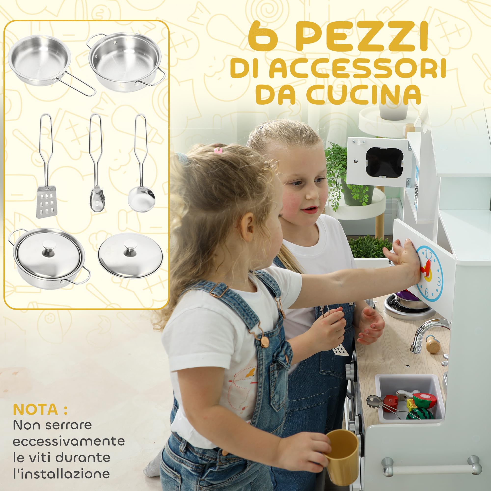 AIYAPLAY Cucina Giocattolo per Bambini da 3-6 Anni Legno Forno Bianco | Set di Accessori in Acciaio, Armadietti, Lavandino, Manopole con Suoni