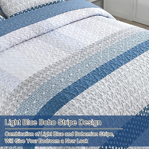 Miniatura 5 de WONGS BEDDING Juego de edredón azul tamaño Queen, juego de edredón de rayas bohemias de 3 piezas, juego de edredón acolchado bohemio de microfibra