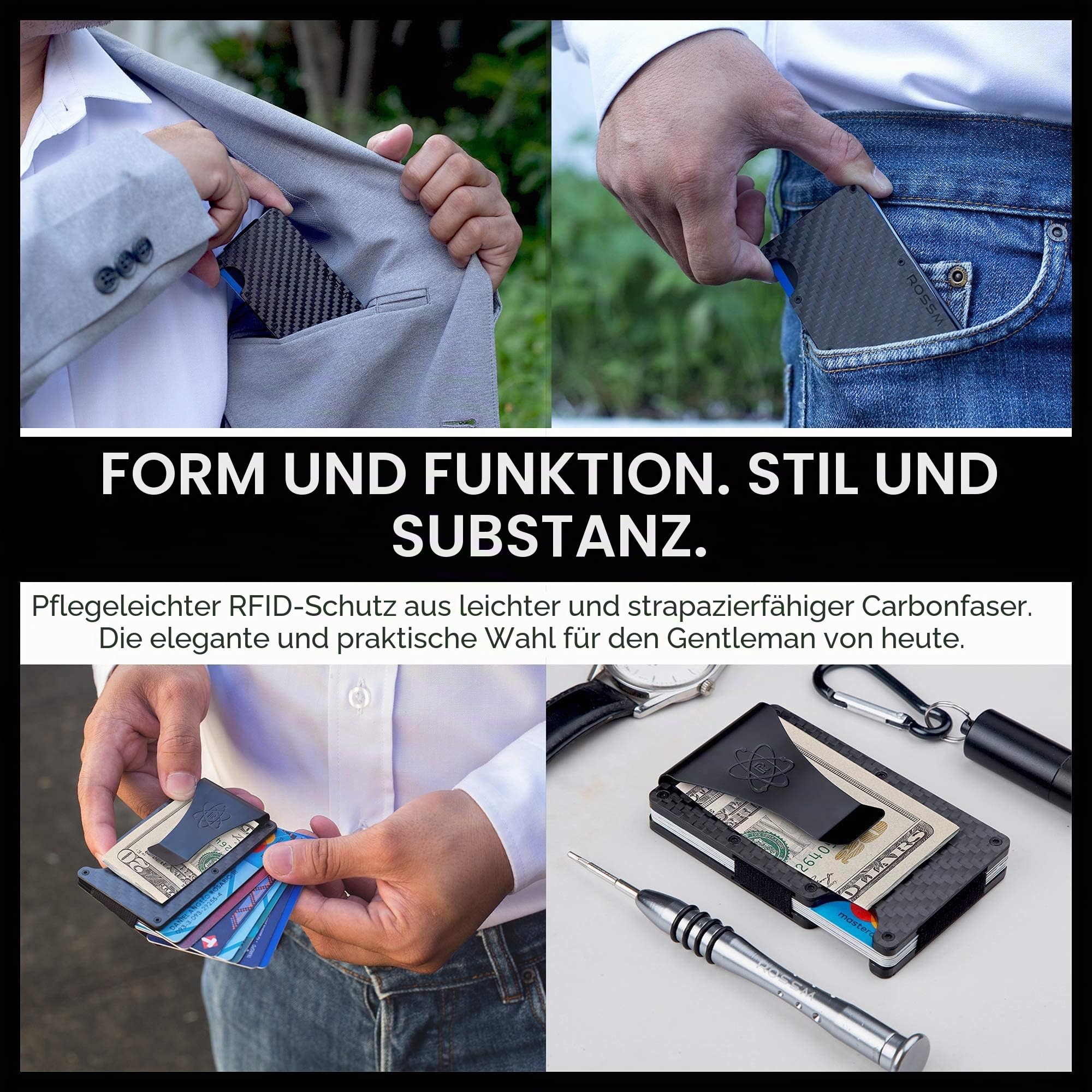 ROSSM Geldbörse Herren mit RFID-Schutz - Kartenetui Herren aus Kohlefaser und Metall mit Geldklammer und Gummiband - RFID Geldbeutel Herren- Slim Wallet for Men