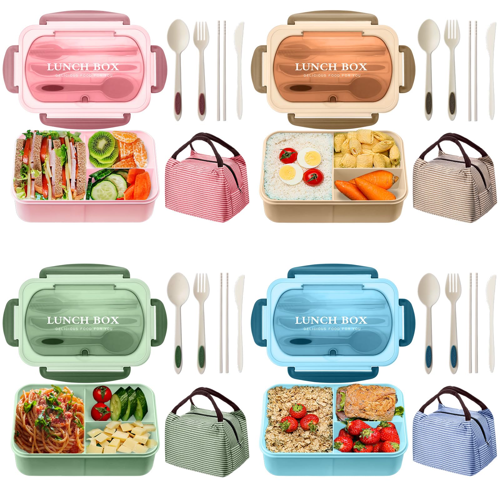 LemonRoad Große Bento-Lunchbox für Erwachsene mit Taschen, 1,2 l, 3 Fächer, auslaufsicher, Lunchbox mit Utensilien, wiederverwendbarer Lebensmittelbehälter für Mittagessen, Abendessen, Obst