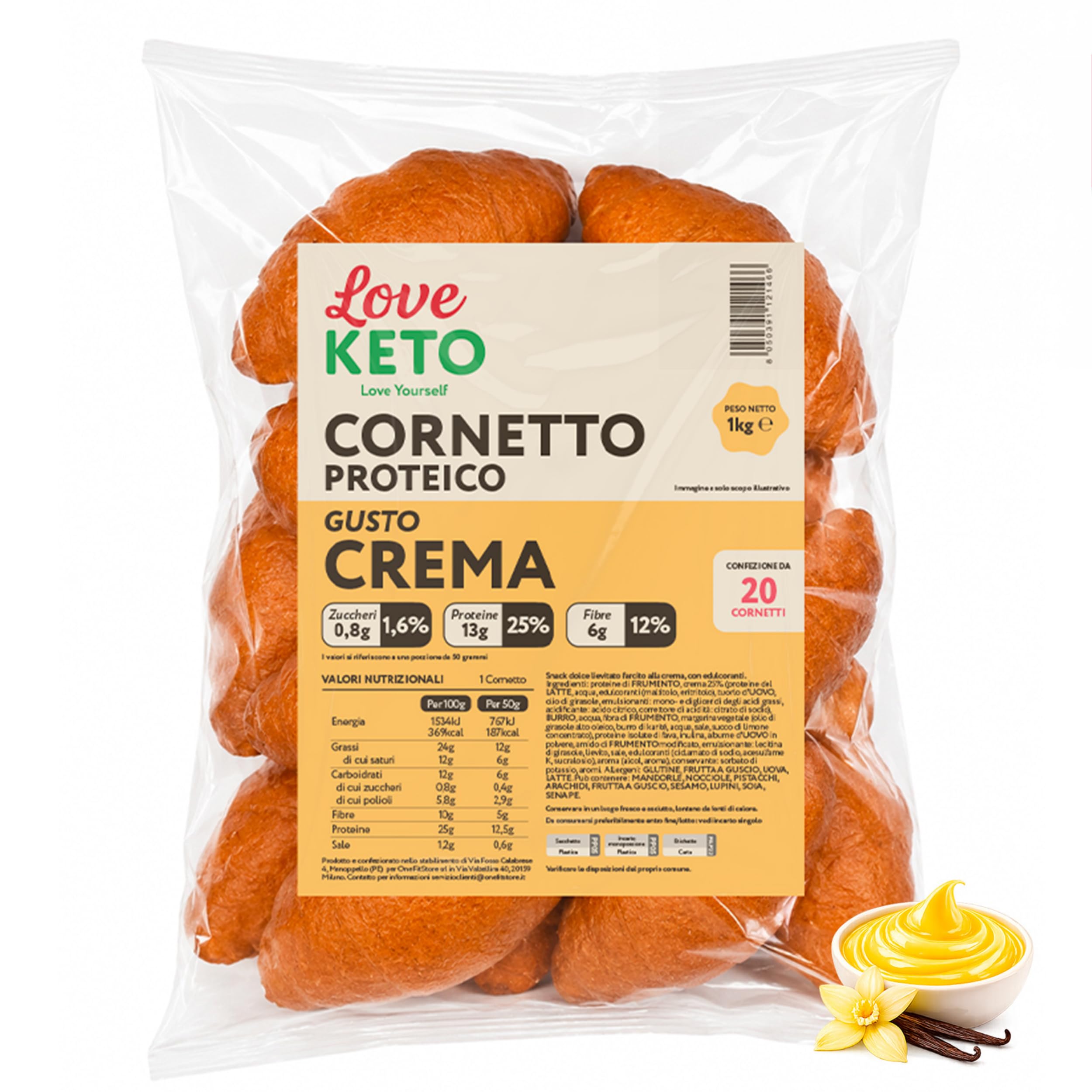 Cornetti proteici low carb ripieni alla crema 20 confezioni da 50gr - Made in Italy