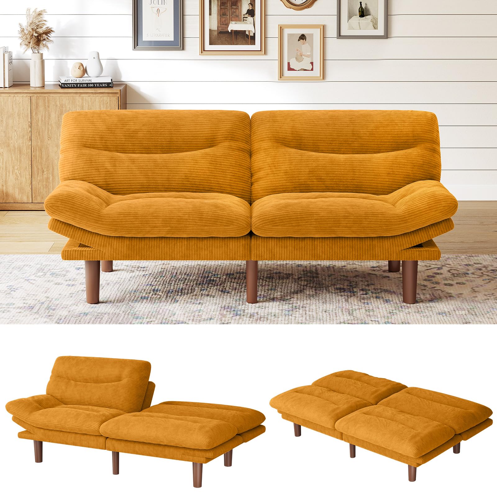Marsail 66.02" Futon Sofa Bed, Convertible Corduroy Futon Couch with Adjustable Backrest & Armrests, Small Sleeper Sofa Loveseat for Living Room, Apartment, Office, Yellow