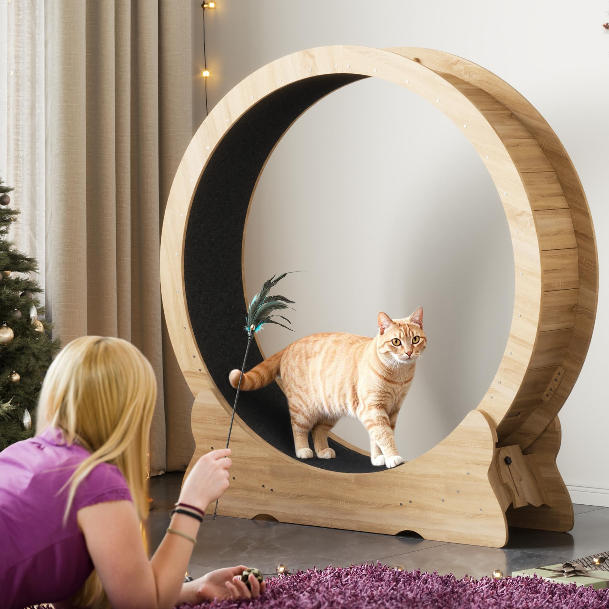 Mondeer Rueda para gatos, ejercicio para gatos de interior con pista alfombrada, cinta de correr XL de 43.3 pulgadas con alfombra extraíble, para correr y caminar (madera natural)