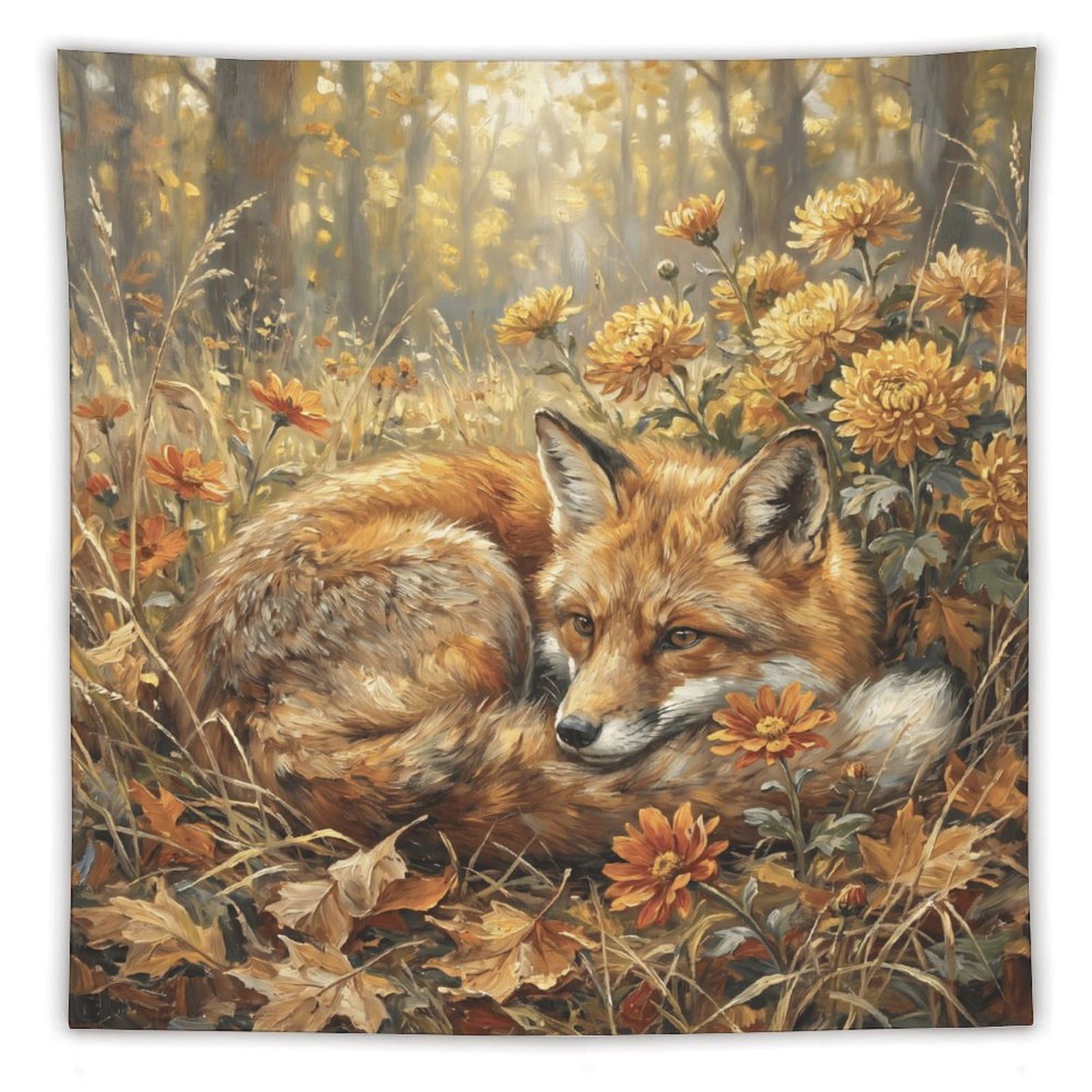W7C8U2X3 Autumn Fox Flower Field Wall Tapestry, Impressionist, Dorm Room