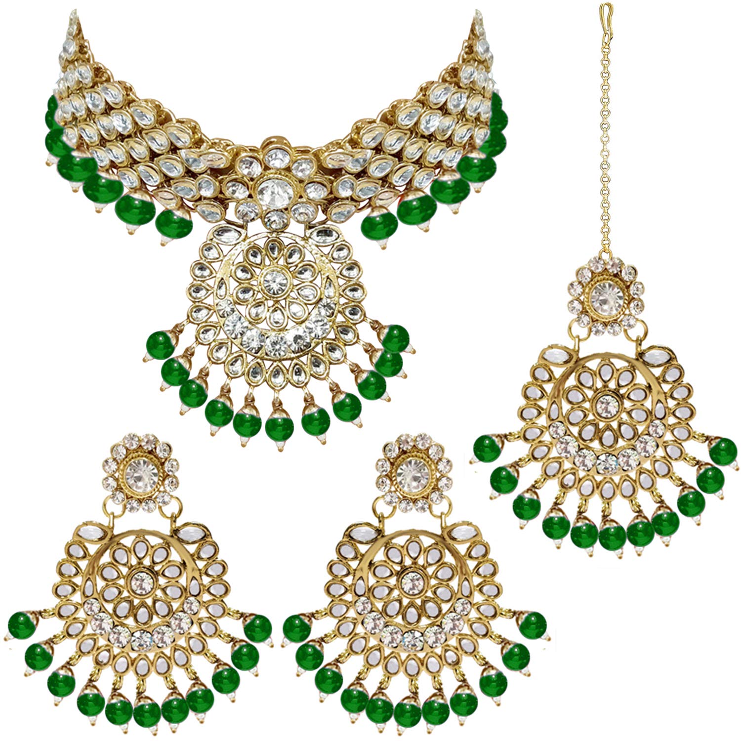 Elegant Wedding Party Wear Faux Kundan Studded Short Necklace Earrings with Maang Tikka Set Indian Ethnic Bollywood Fashion Jewelry Gift for Women