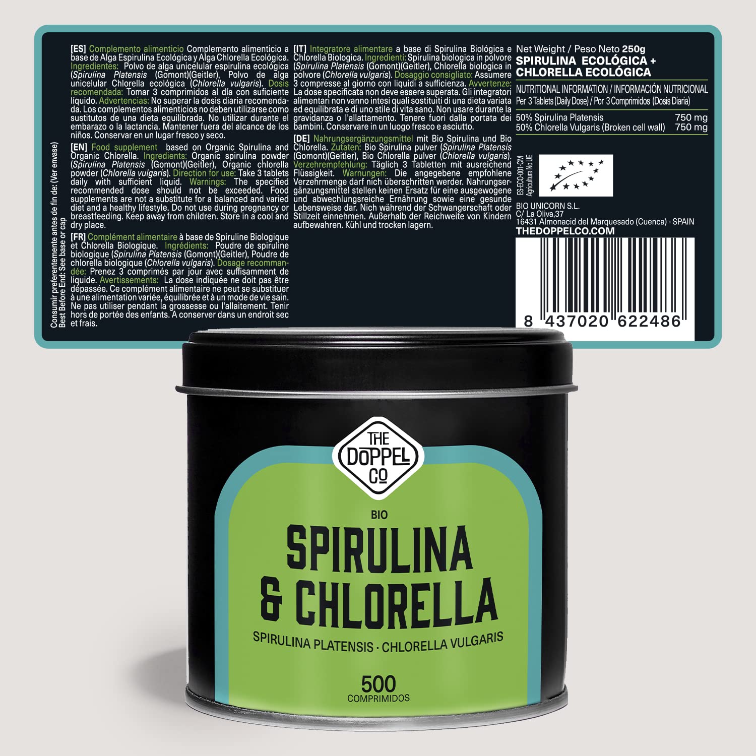 Spirulina e Clorella Biologiche - 500 Compresse - 1500 mg per Dose - Alghe Spirulina e Clorella Biologiche -Senza Additivi - Disintossicazione - Proteine Vegano Bio - Senza Plastica
