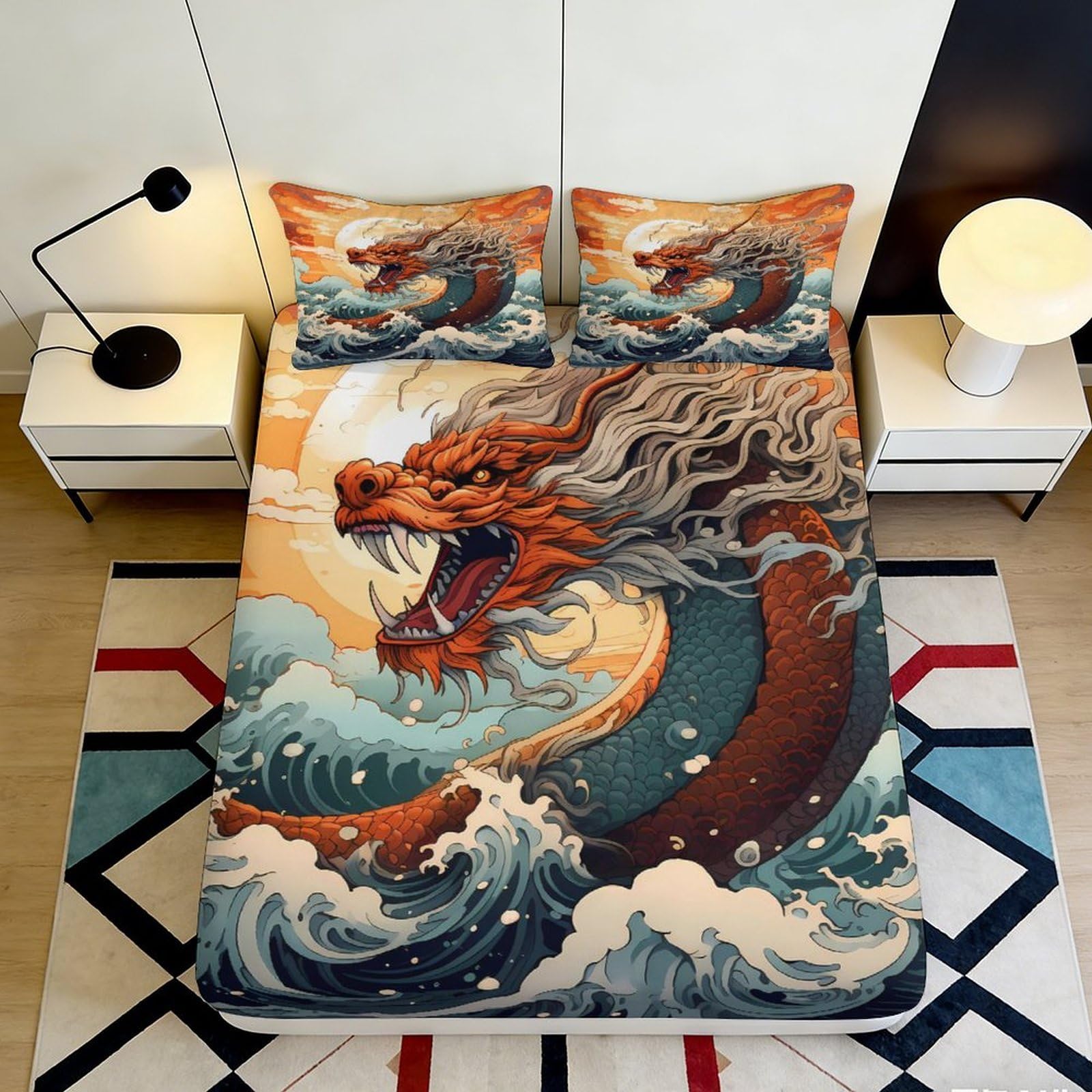 3D Printed Dragon Pattern Fitted Sheet Microfiber Soft Durable 3D Printed Wave Design Mattress Cover for Bedroom Dormitory Guest Room Bed Protection 160x200x25cm