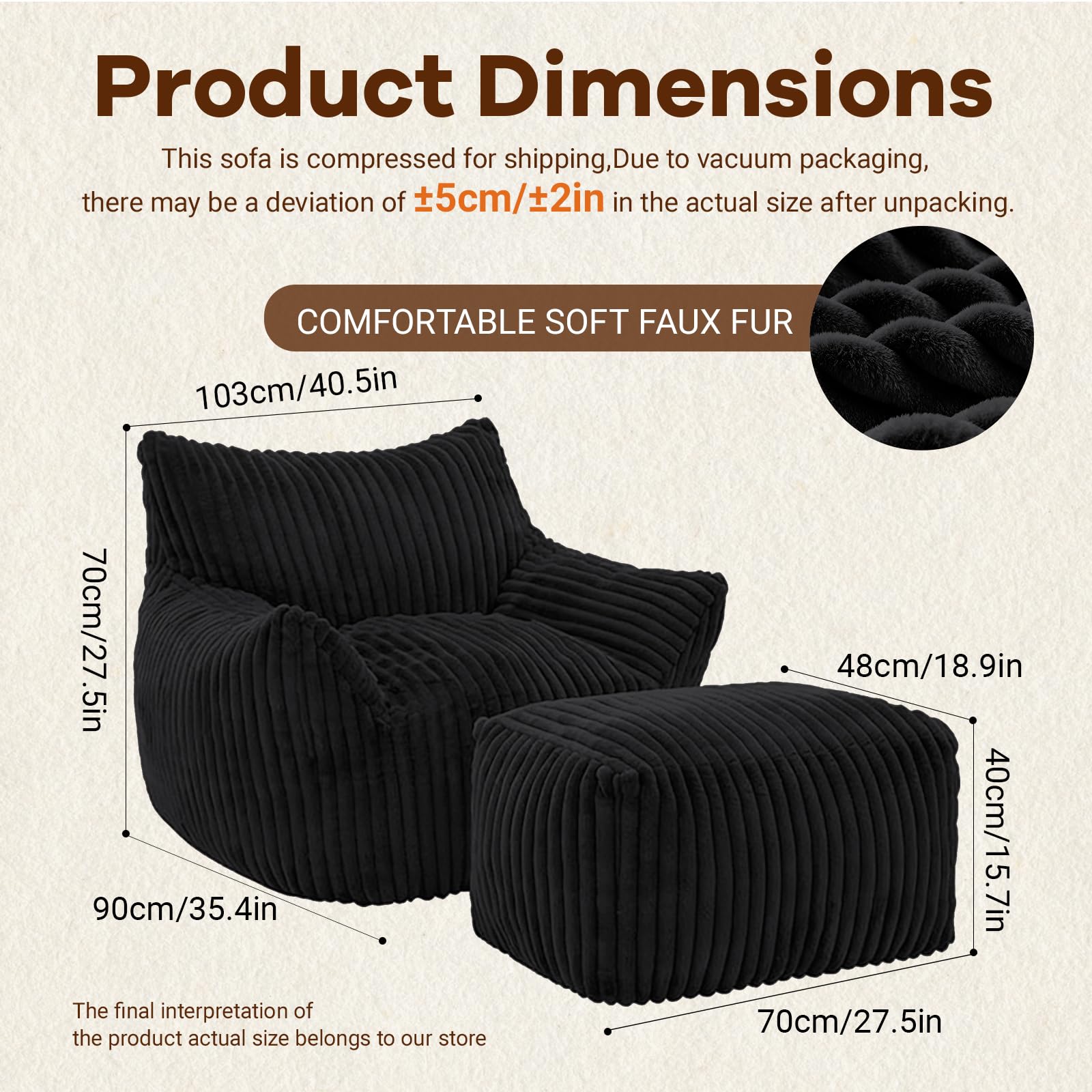 Sitzsack XXL für Erwachsene mit Ottoman, Corduroy Bezug, High-Rebound Füllung, Ergonomischer Relax Liegesessel (Schwarz)