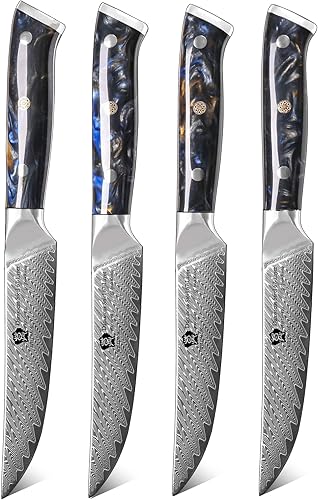 WILDMOK Cuchillos para carne, juego de 4 cuchillos de carne no dentados de 5 pulgadas, cuchillos japoneses de acero Damasco VG10, cuchillos de carne