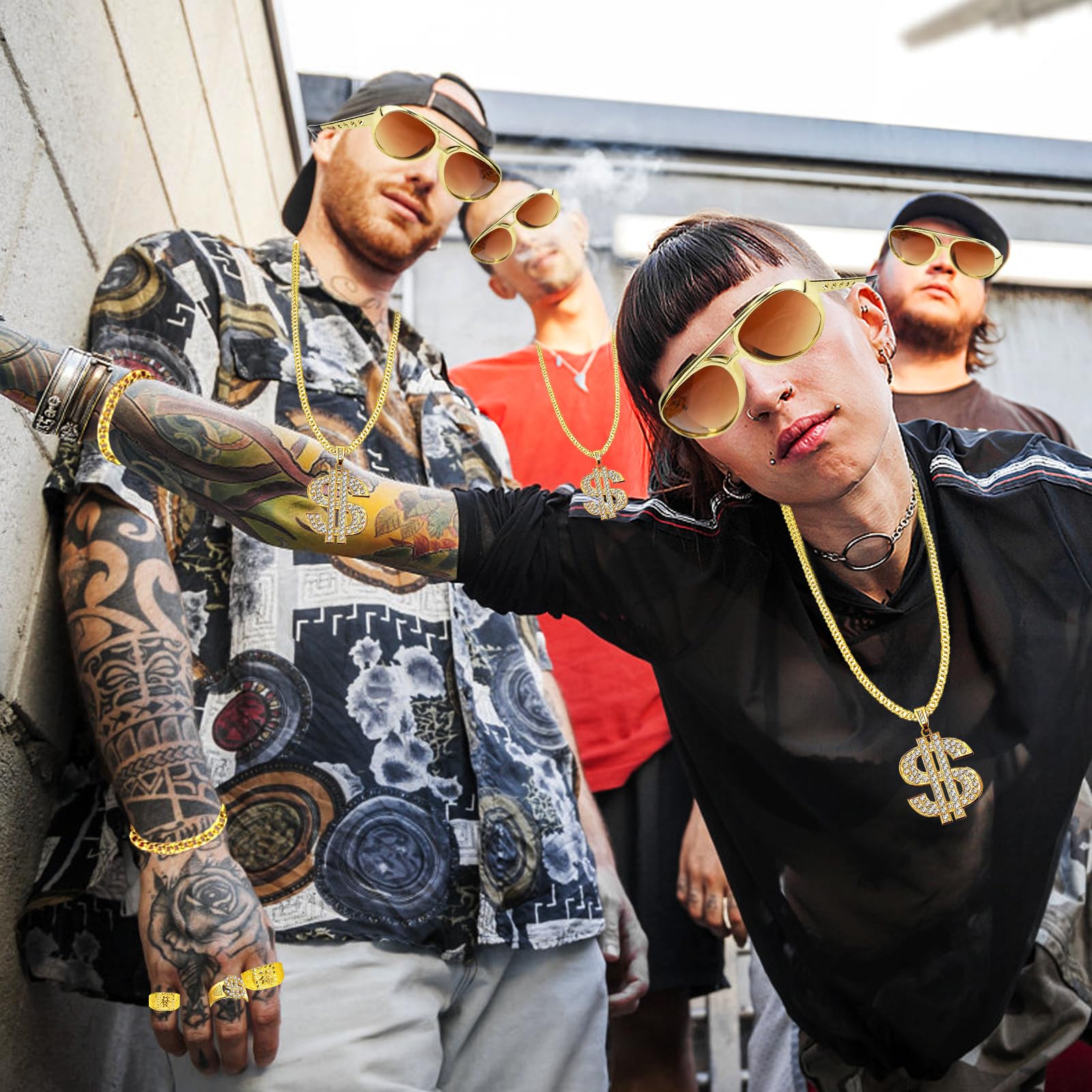 Kostium a, lata 80-te 90., kostium męski hip hop, złoty łańcuszek, męski gangster gang, okulary przeciwsłoneczne, złoty łańcuszek z pierścieniami Hanzi, na karnawał, imprezę