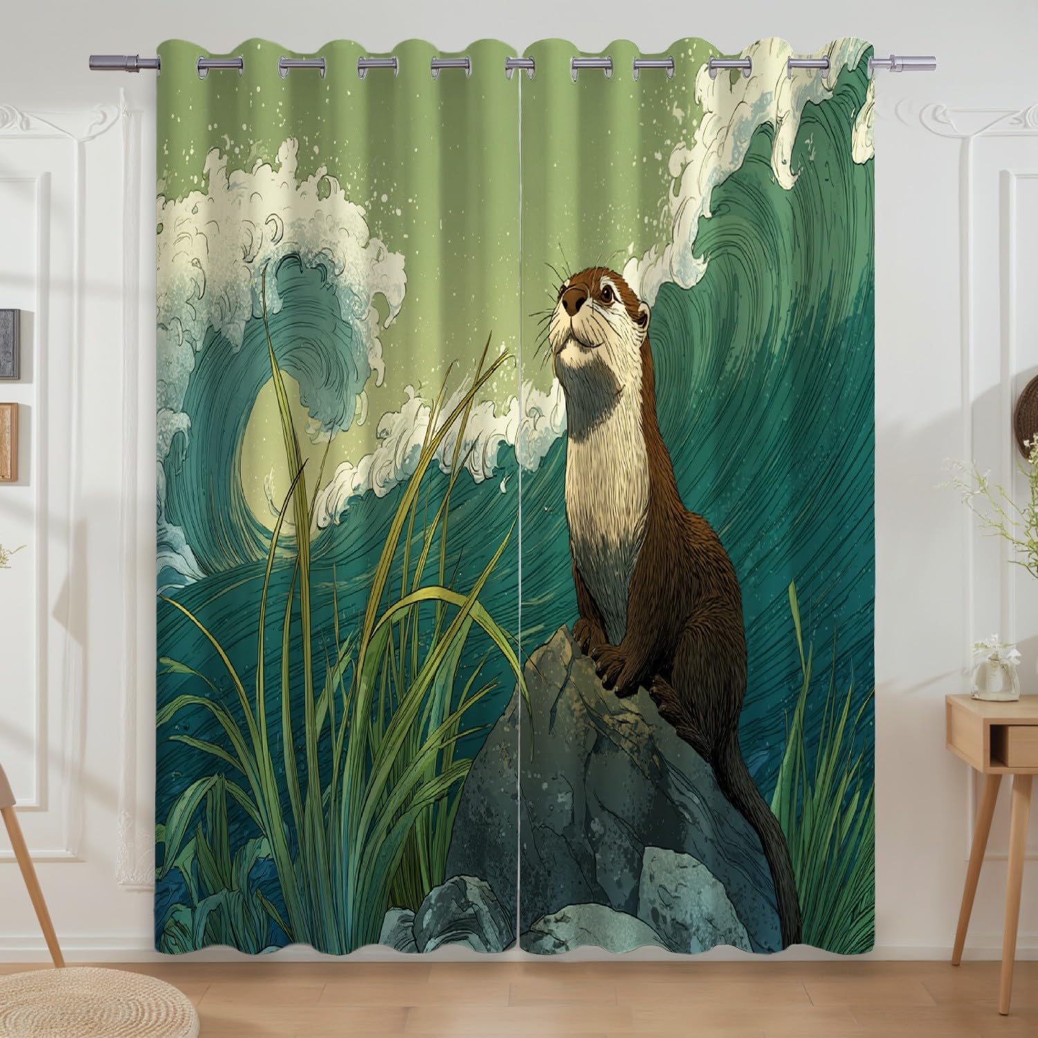 Genérico Kreskówka wieża wodna fale zasłona z nadrukiem - pranie w pralce zasłony sypialnia z oczkami, szałwiowa zieleń, 180 cm x 200 cm (2 panele)