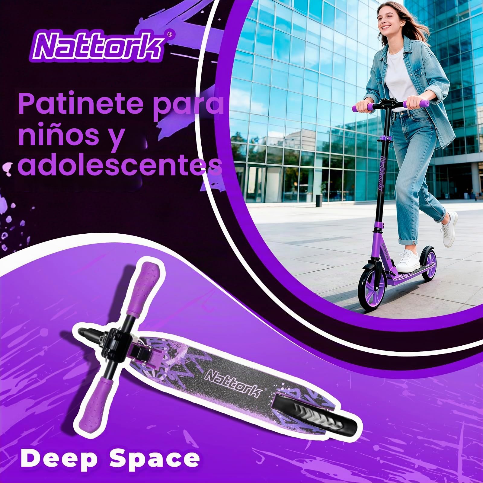 Nattork Patinete para adultos y jóvenes: patinete plegable de altura ajustable con ruedas grandes y estables para un viaje suave, ligero, con freno de mano y suspensión
