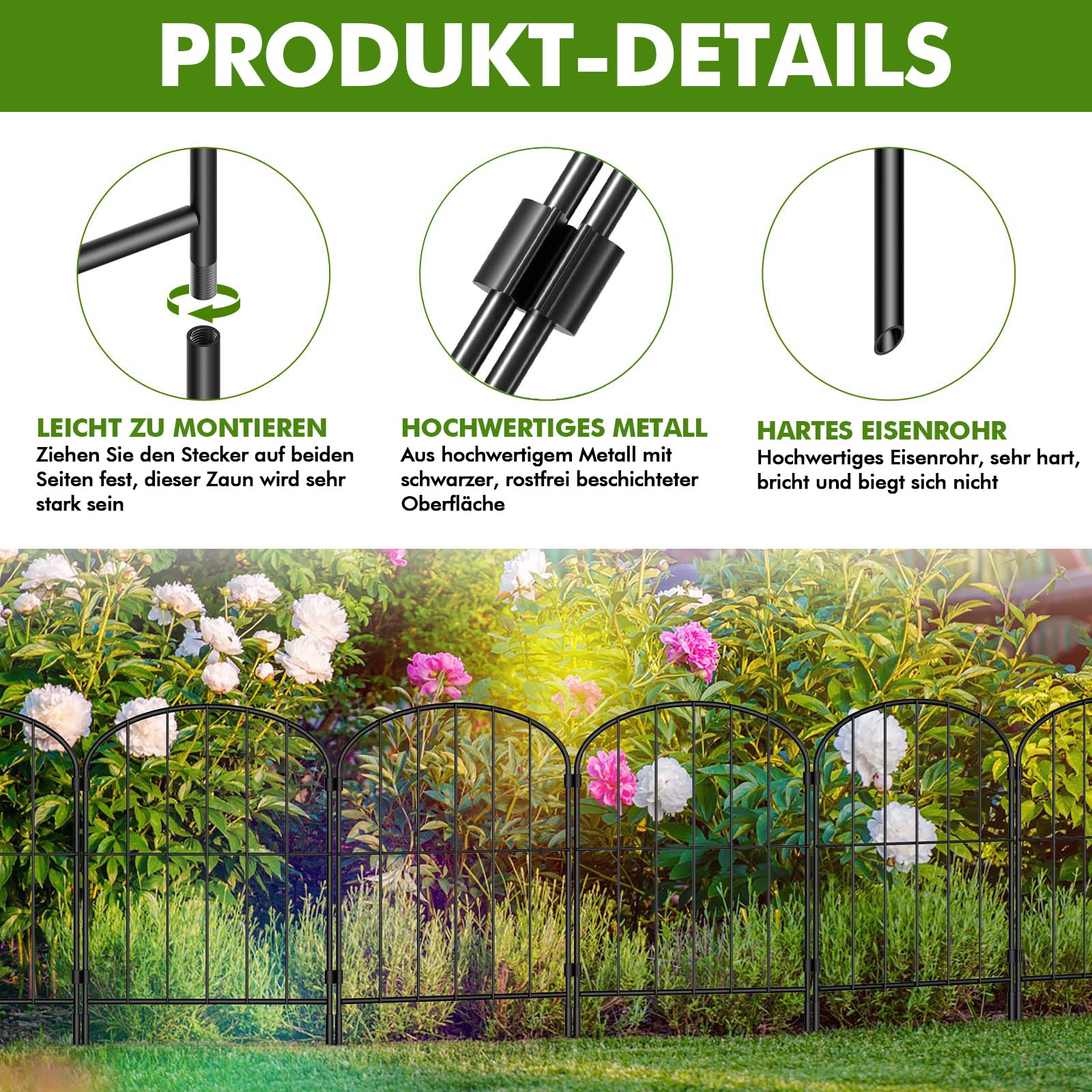 Gartenzaun 10 Stück Komplettset Dekorative Metallzaun Steckzaun, Oberbogen Gartenzaun Metall Zaunelemente, Zaun für Hunde (Oberbogen-B)