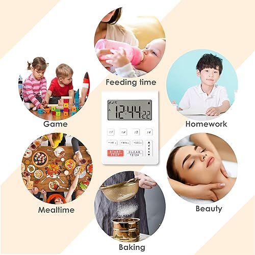 Miniatura 7 de Runleader Temporizador digital de cocina de escritorio, 4 temporizadores de cuenta regresiva y cronómetros con reloj de 1224 horas, alarma de