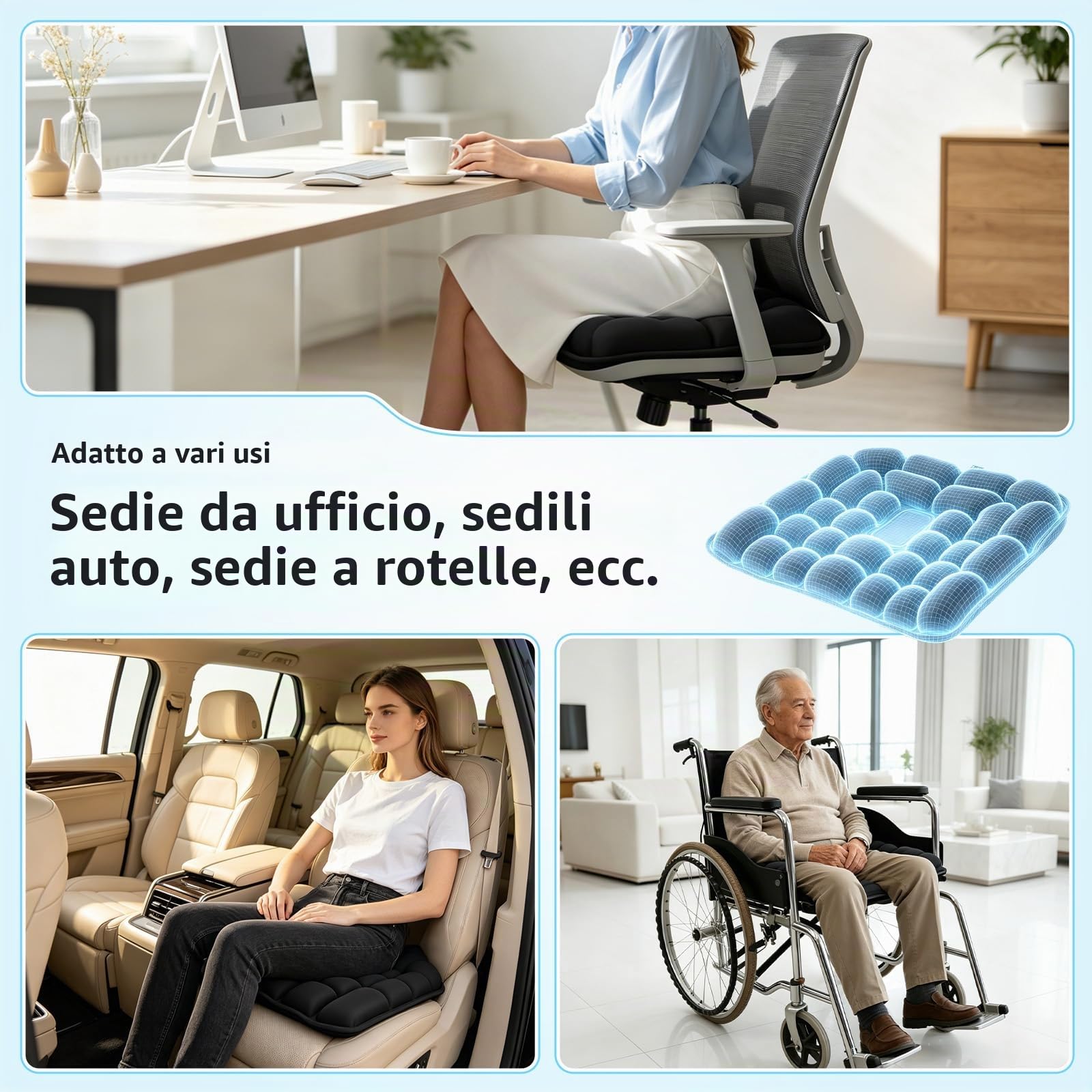 Cuscino Antidecubito 45x40CM, Cuscino Ortopedico Ergonomico Gonfiabile, Cuscino Ergonomico con Cellule d'Aria 3D, Cuscino Gonfiabile per Auto, Ufficio, Casa, Sedia Nero