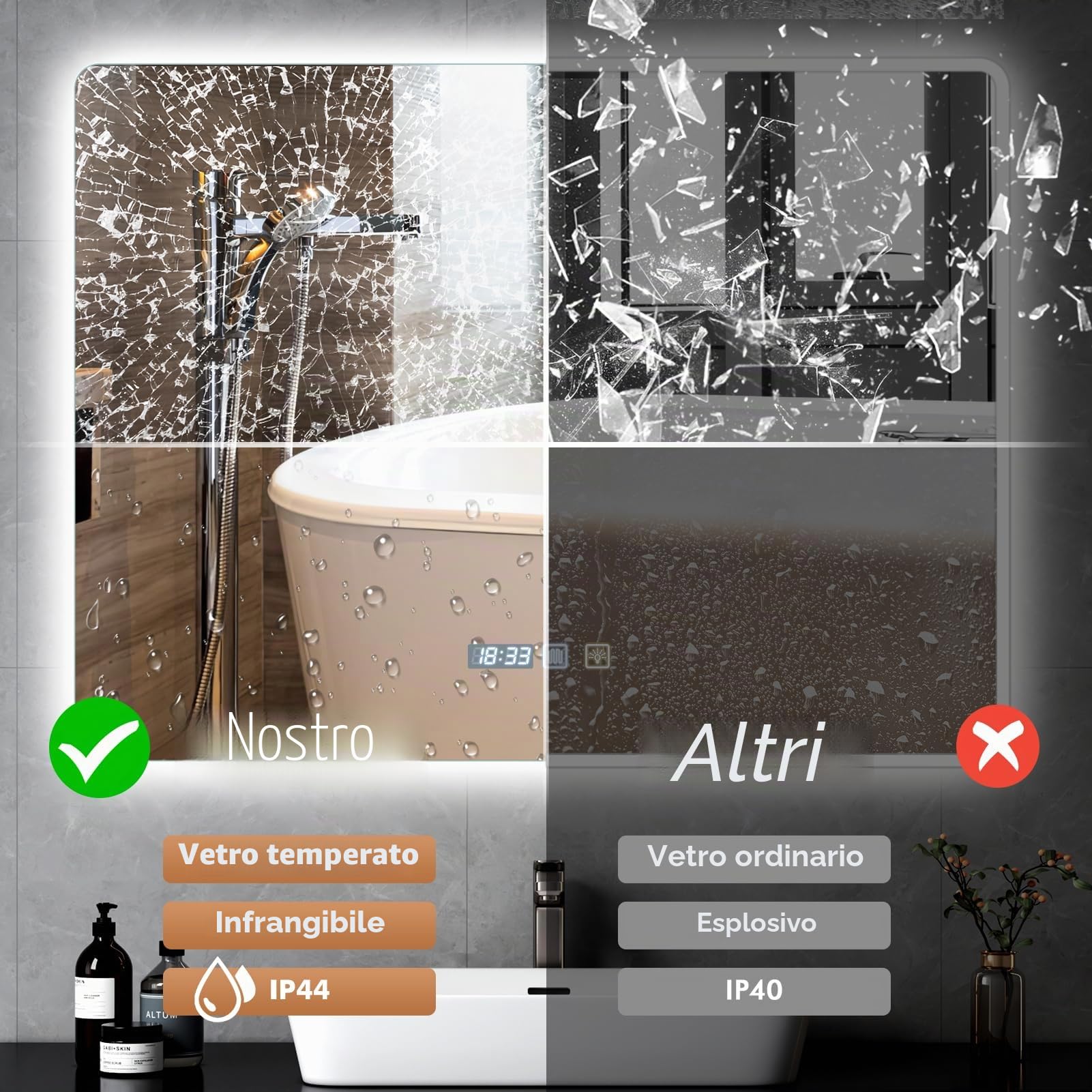 Specchio Bagno con Luce, quadrato 50×70cm e doppio interruttore touch, antiappannamento, luce dimmerabile a 3 colori, specchio demister con retroilluminazione per bagno