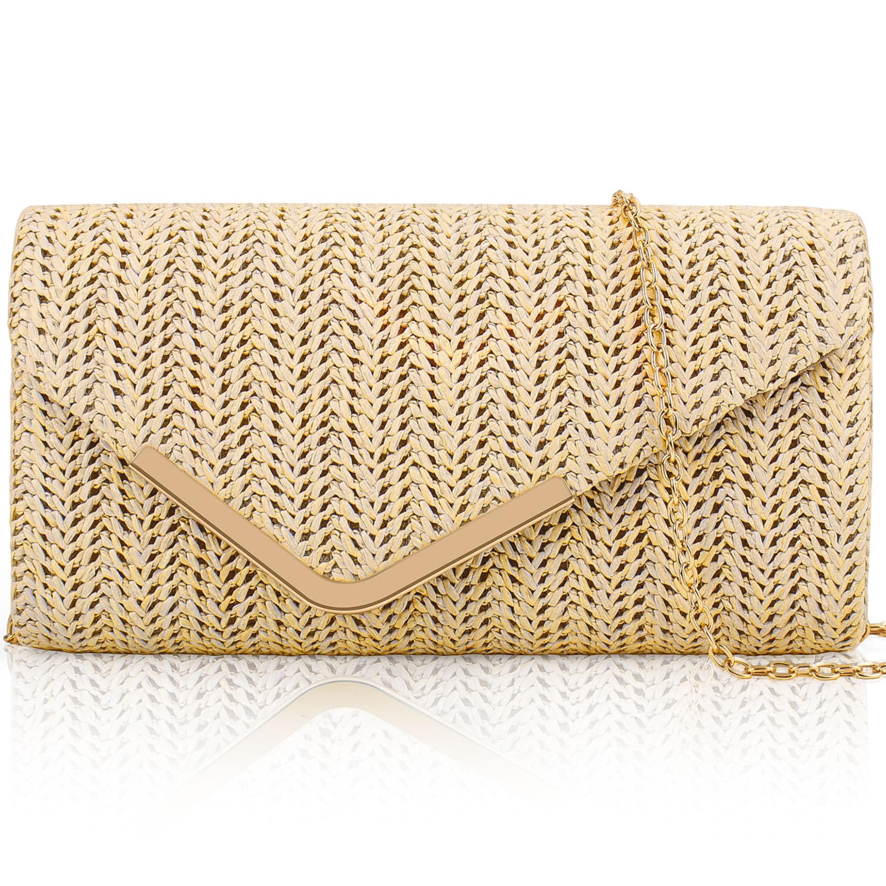 Larcenciel Bolso Mujer Paja, Bolsos Mujer Verano Playa con Cadena Desmontable, Elegante Clutch Sobre Rafia, Boho Bolsos…