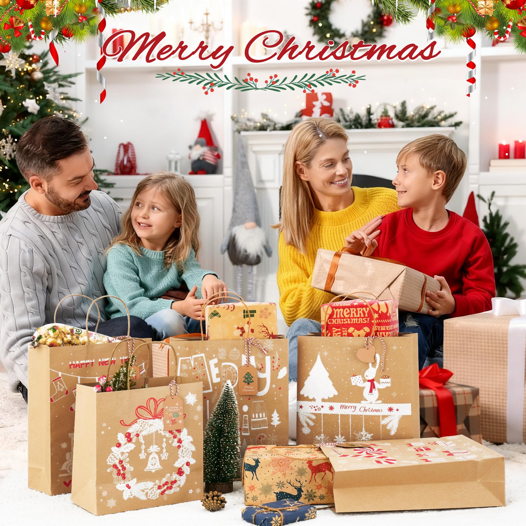 Sacchetti Regalo Natale In Carta Kraft | 12 Buste Grandi Con Manici, 26x32 Cm | Personalizzabili, Design Natalizio, Eleganti
