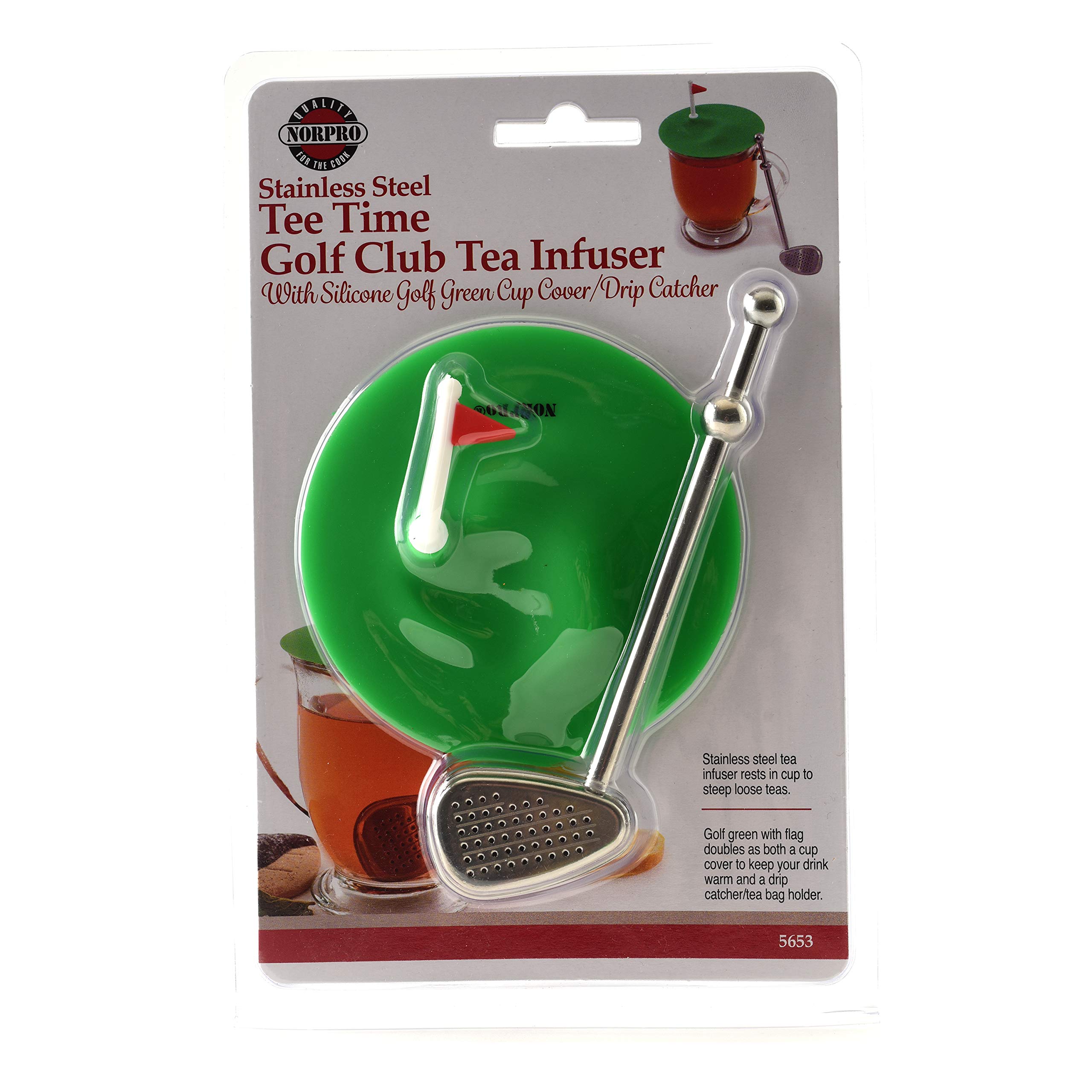 Norpro NP5653 5653 Tee Time - Infusor de té de acero inoxidable con tapa y atrapapotos, color verde