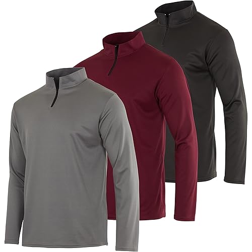 Real Essentials 3 Pack: Men's Mesh Long Sleeve Athletic Quarter Zip Pullover - Outdoor UPF 50+ (Available in Big & Tall)