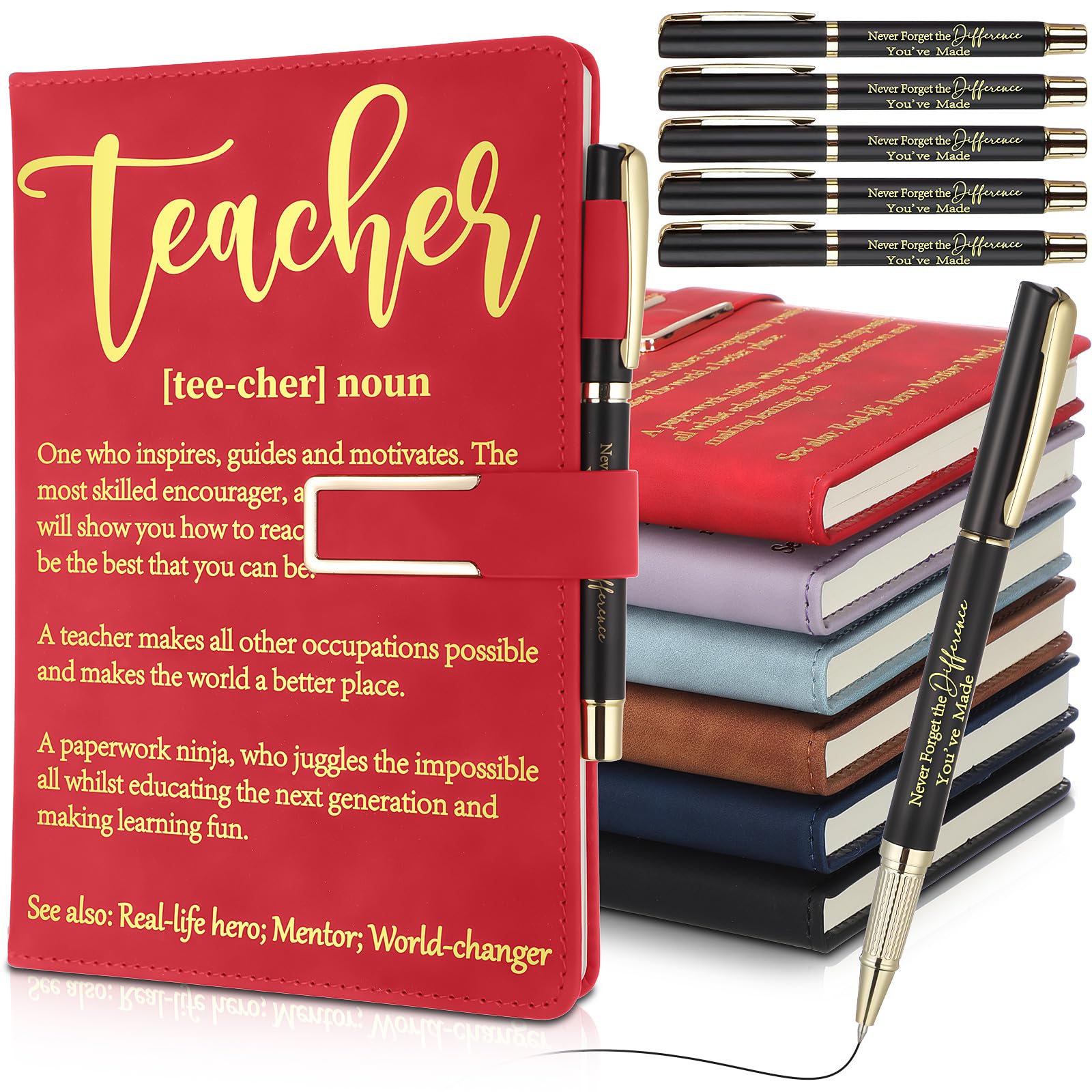 Chuangdi 6 Sets Teacher Appreciation Gifts Bulk Teacher Graduation Notebook Hardcover A5 Leather Journal with Metal Buckle Ballpoint Pen Thank You
