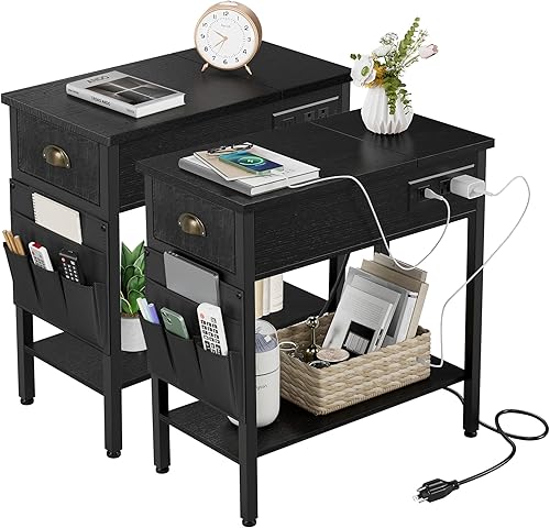 Miniatura 1 de Amyove Mesa auxiliar con estación de carga mesa auxiliar con puertos USB y tomacorrientes mesa auxiliar negra con cajón estante de almacenamiento y