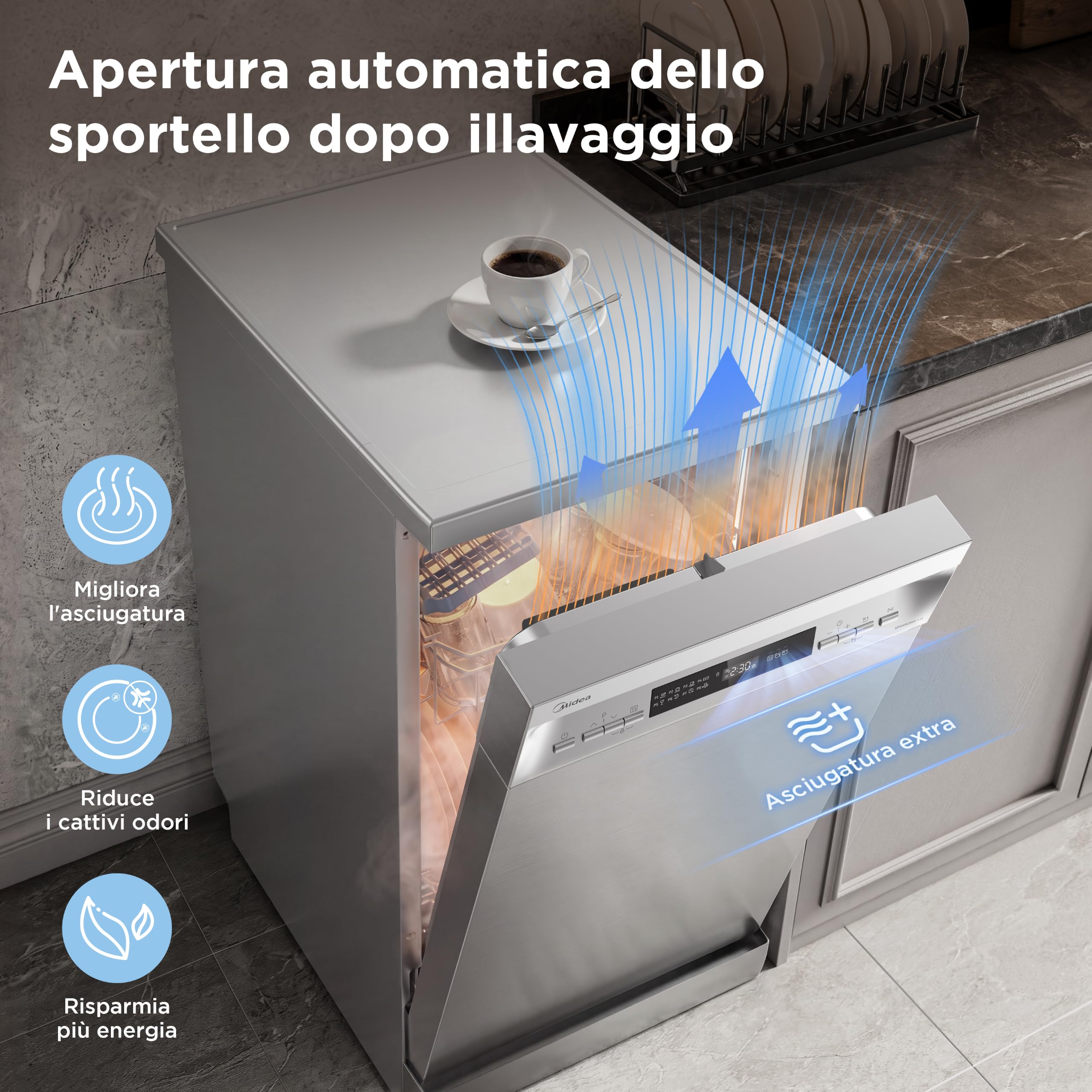 Midea MFD45S200X.1-IT Geschirrspüler, freistehend, mit 10 Decken, 8 Programme, LED-Display, Startvorwahl, Halblastfunktion, extra Trocknung, Edelstahl