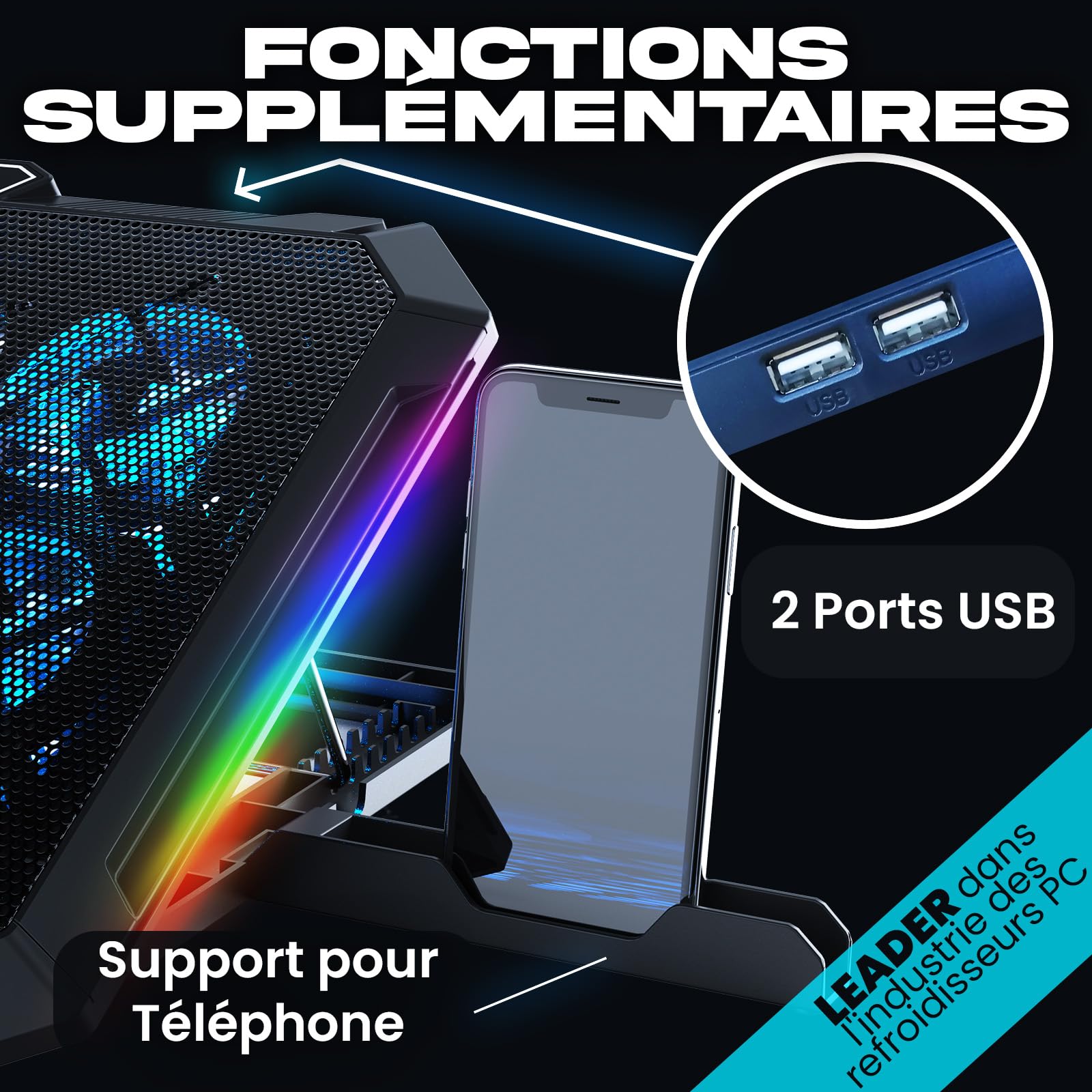 KLIM V8 Refroidisseur PC 8 Ventilateurs Rétroéclairage RGB Support Ventilé Ordinateurs 11" à 17" 2 Ports USB