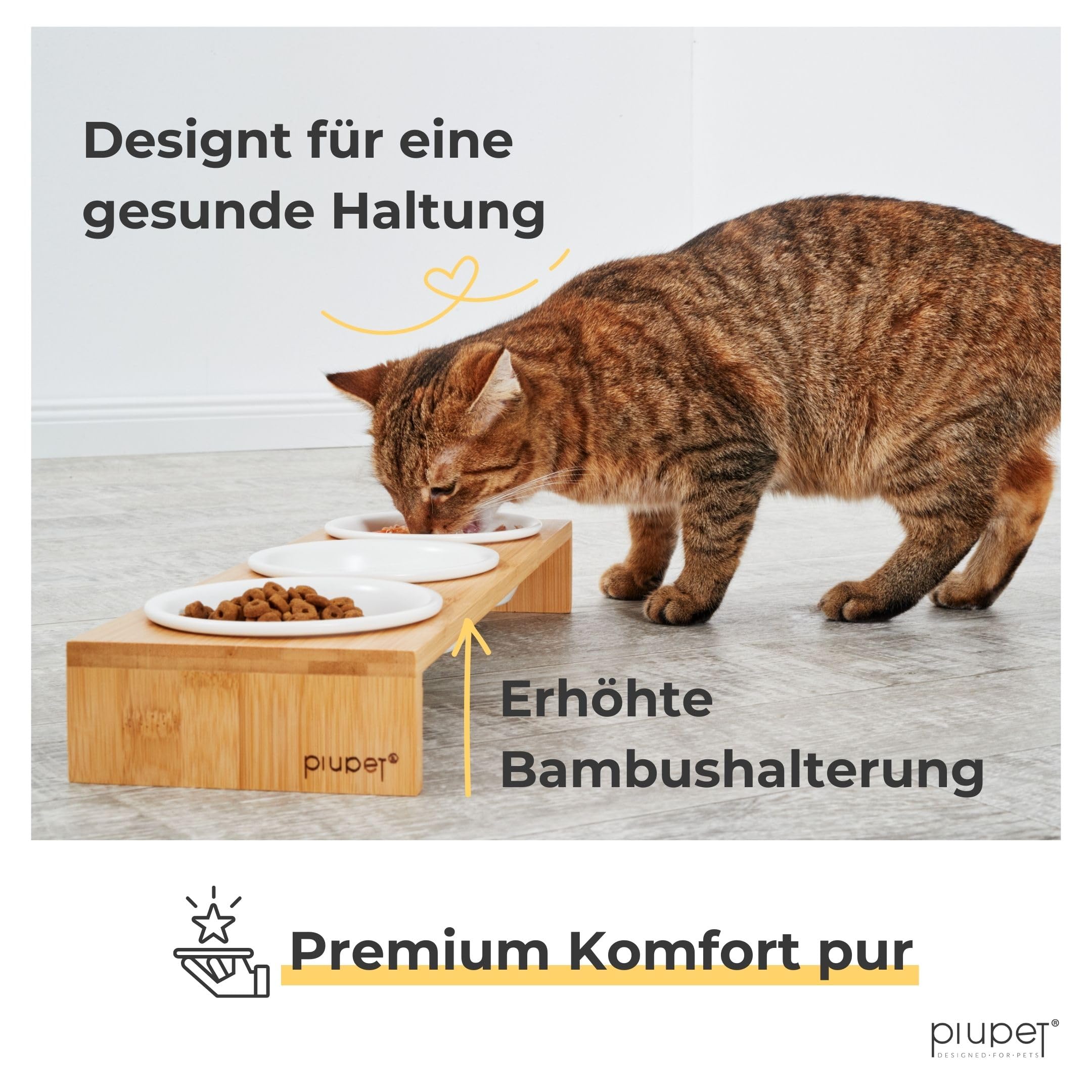 PIUPET 3er Katzennapf Set - Keramikfressnäpfe Katzen mit Napferhöhung aus Bambus - 250ml Futternapf Katze | Katzennapf Erhöht | Katzen Napf