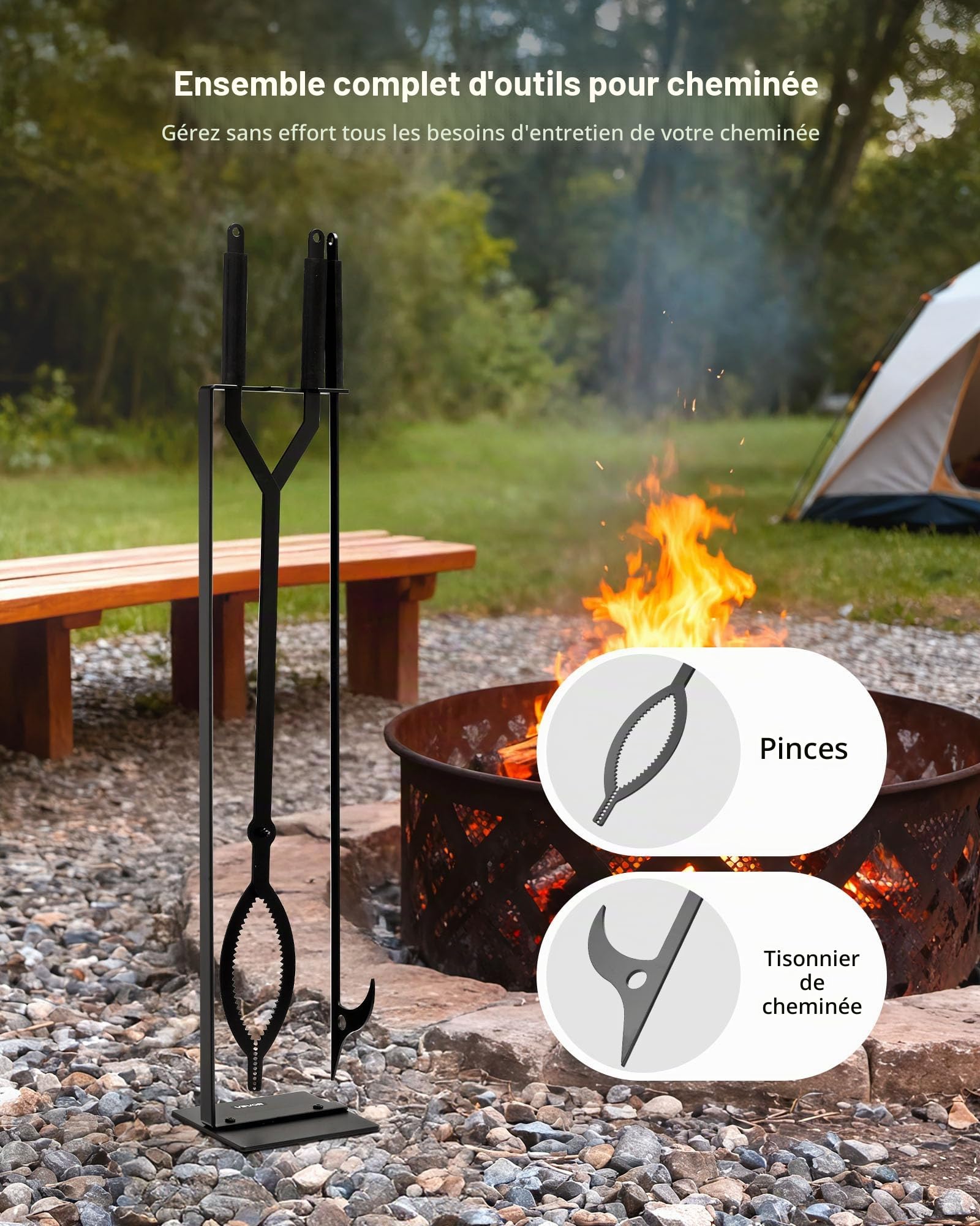 VEVOR Ensemble d'outils de cheminée, 3 pièces, ensemble serviteur de cheminée avec support, pince, tisonnier, en fer forgé, pour feu de camp, feu de joie dans le jardin, intérieur/extérieur, noir