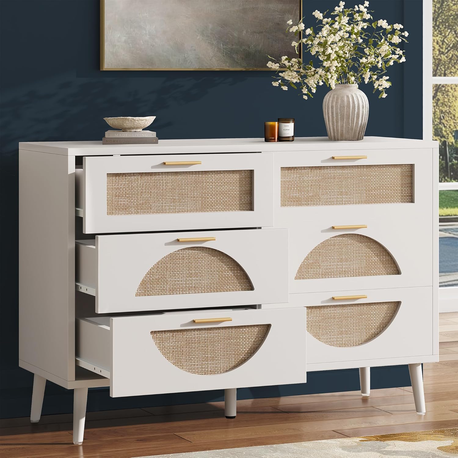 rattan dresser natural wood with gold handles