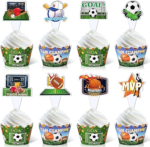 Miniatura 8 de 48 piezas de decoración de cupcakes de fútbol y envoltorios para fiestas de fútbol, decoraciones de cupcakes de fútbol para niños, adolescentes,
