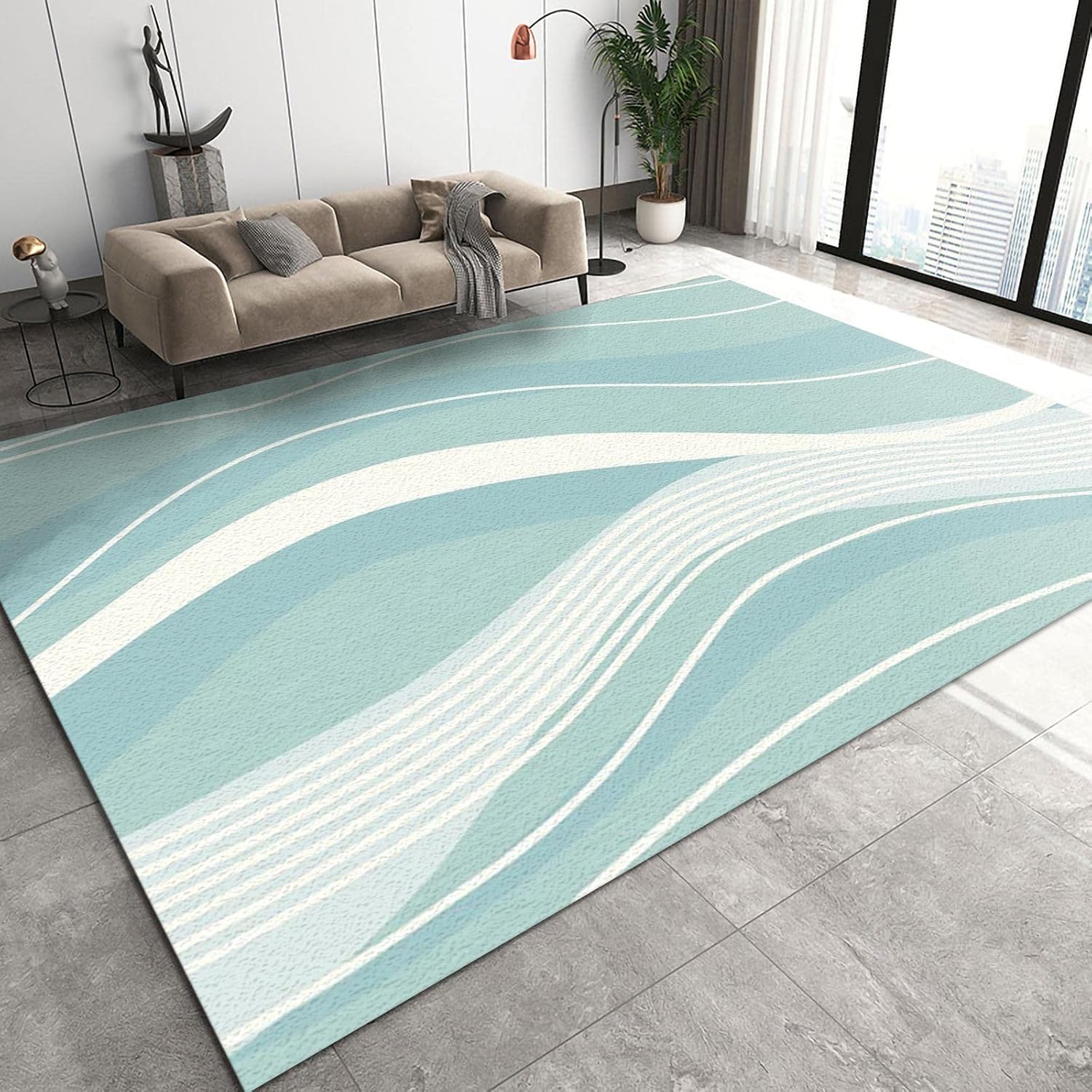 RAKUTE Minimalist Mint Green Wave Area Rugs, Boho Abstract