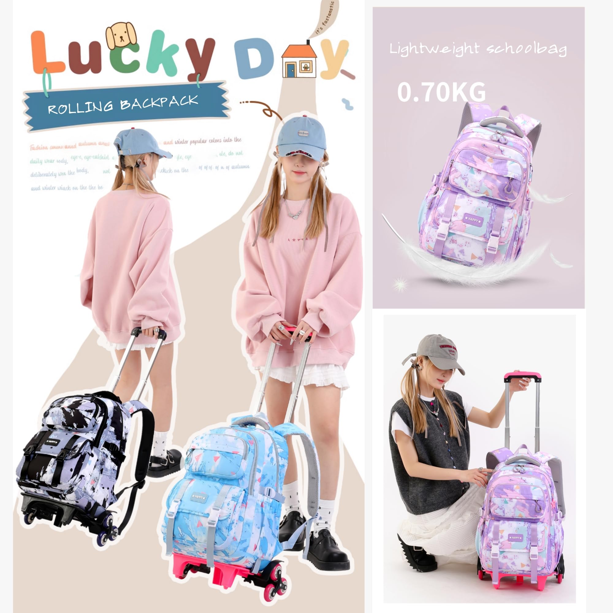 Niweiya Kids Rolling Backpack For Girls School Backpack With