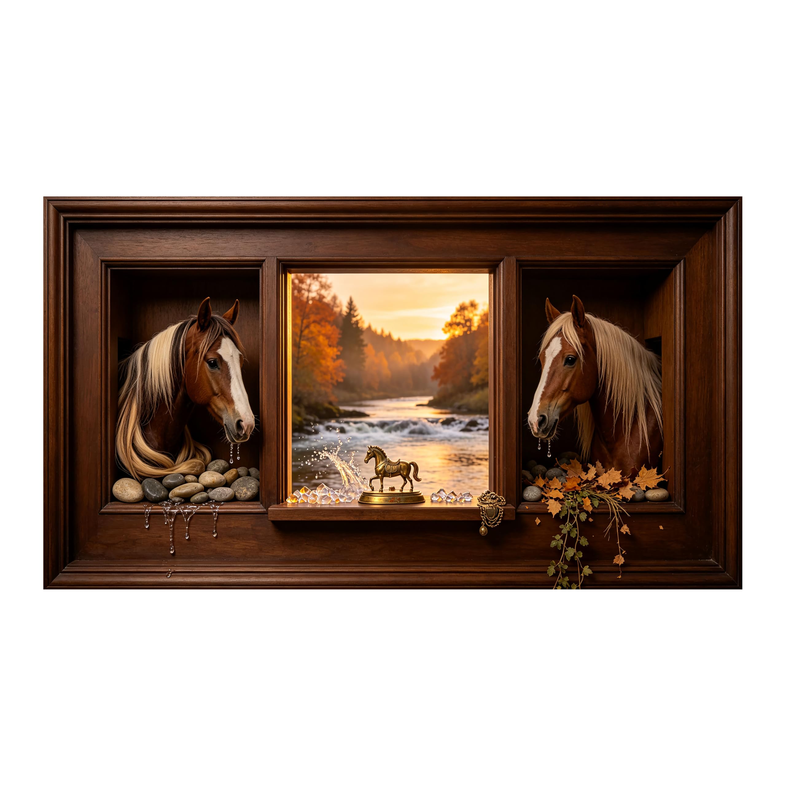Yzpallescene 3D Framed Wall Art Rustic Horse River Autumn Landscape Large Size SelfAdhesive Removable Wall Decor Prints Artwork for Living Room Bedroom Office