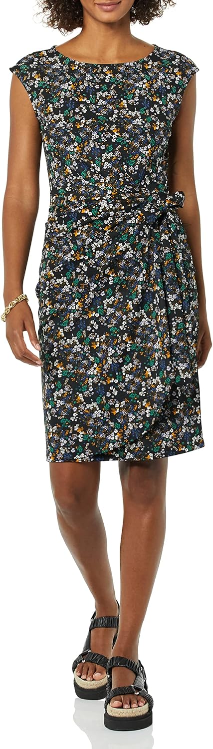 Amazon Essentials Women's Cap Sleeve Boat-Neck Faux Wrap Dress Small Black Ditsy Floral