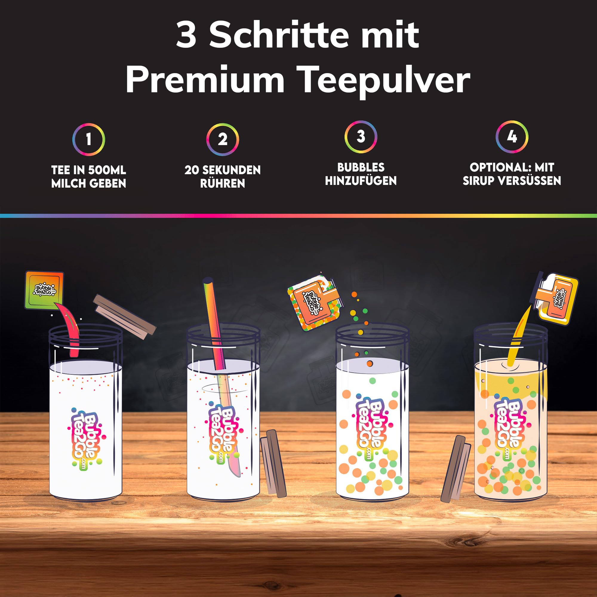 BubbleTea2Go - Großes Früchtemix Starterpaket - DIY Bubble Tea Set, 6x Premium Bubble Teas, mit 4x Bubble Perlens, 2x Bubble Tea Sirup und Zubehör - Boba Tea Kit für Parties