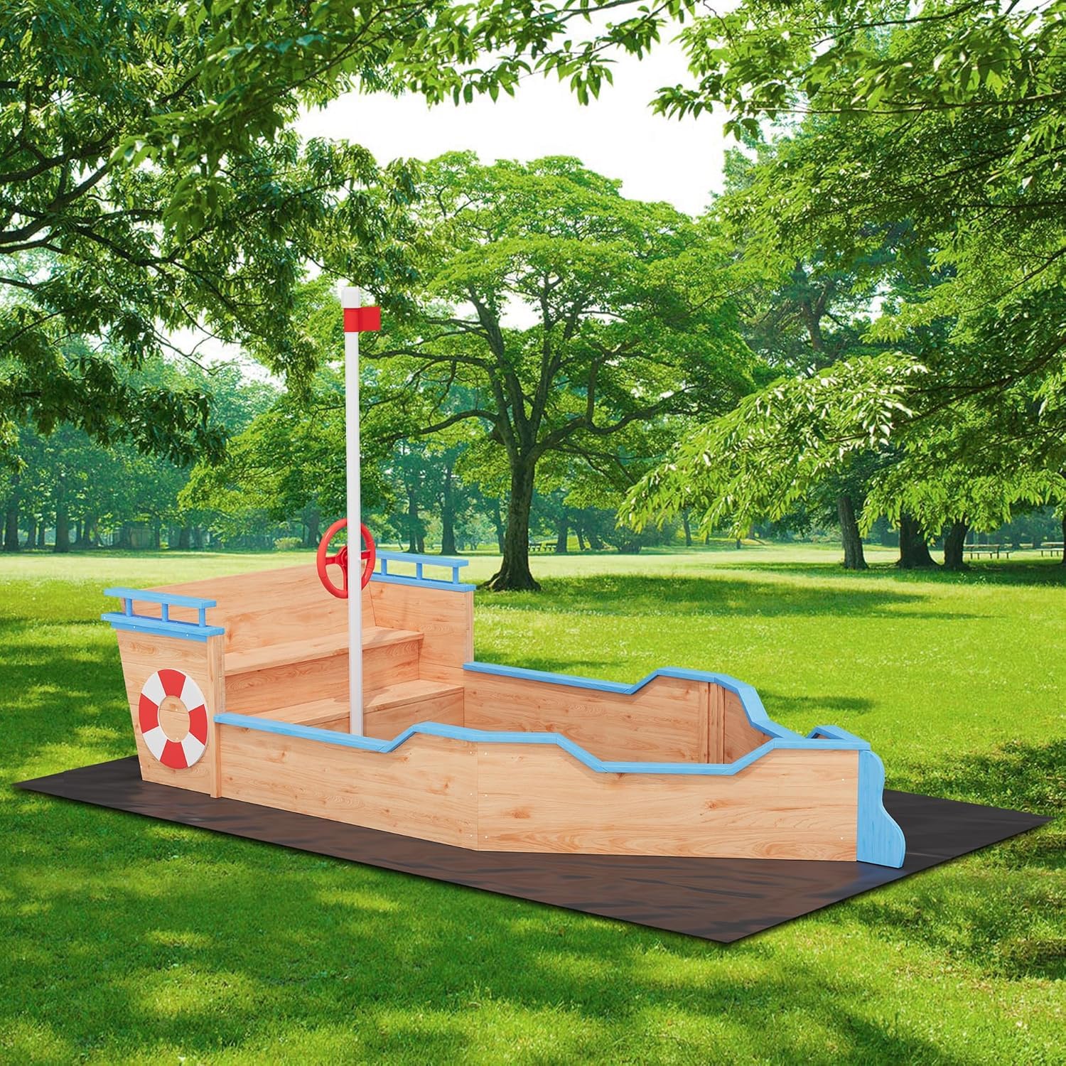 Outdoor Sand Box,Pirate Ship Wooden Sandbox with 2 Bench Seats, Bottom Liner, Kids Sandpit Boat w/Rudder, Realistic Flag, Spacious Kids Sand Pit for Beach Patio, Backyard