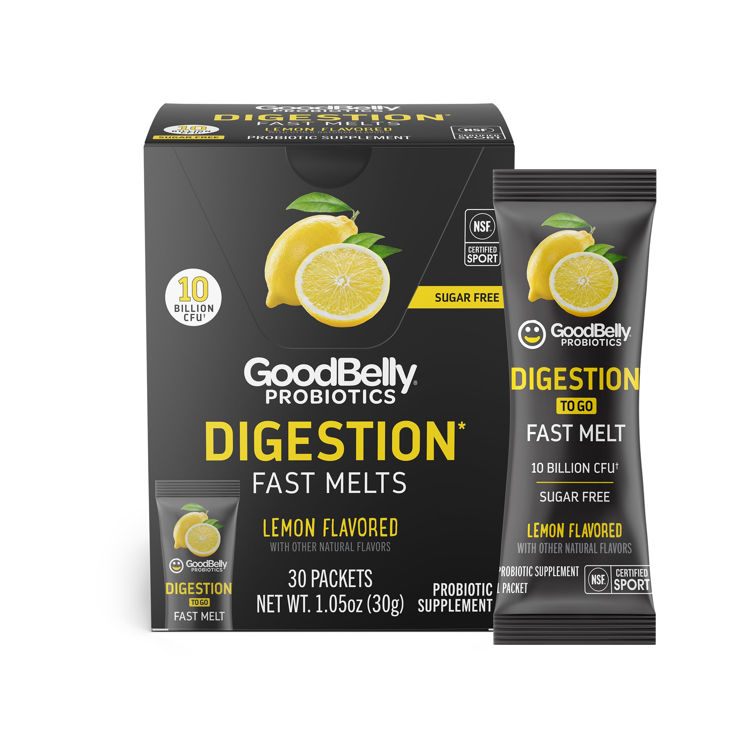 GoodBelly Probiotic Fast Melts | Digestive Health Probiotics for Women & Men | Gut Health, Gas & Bloating Relief | Men & Women’s Probiotic Supplement with Live Probiotics | Lemon 30 On-The-Go Packets