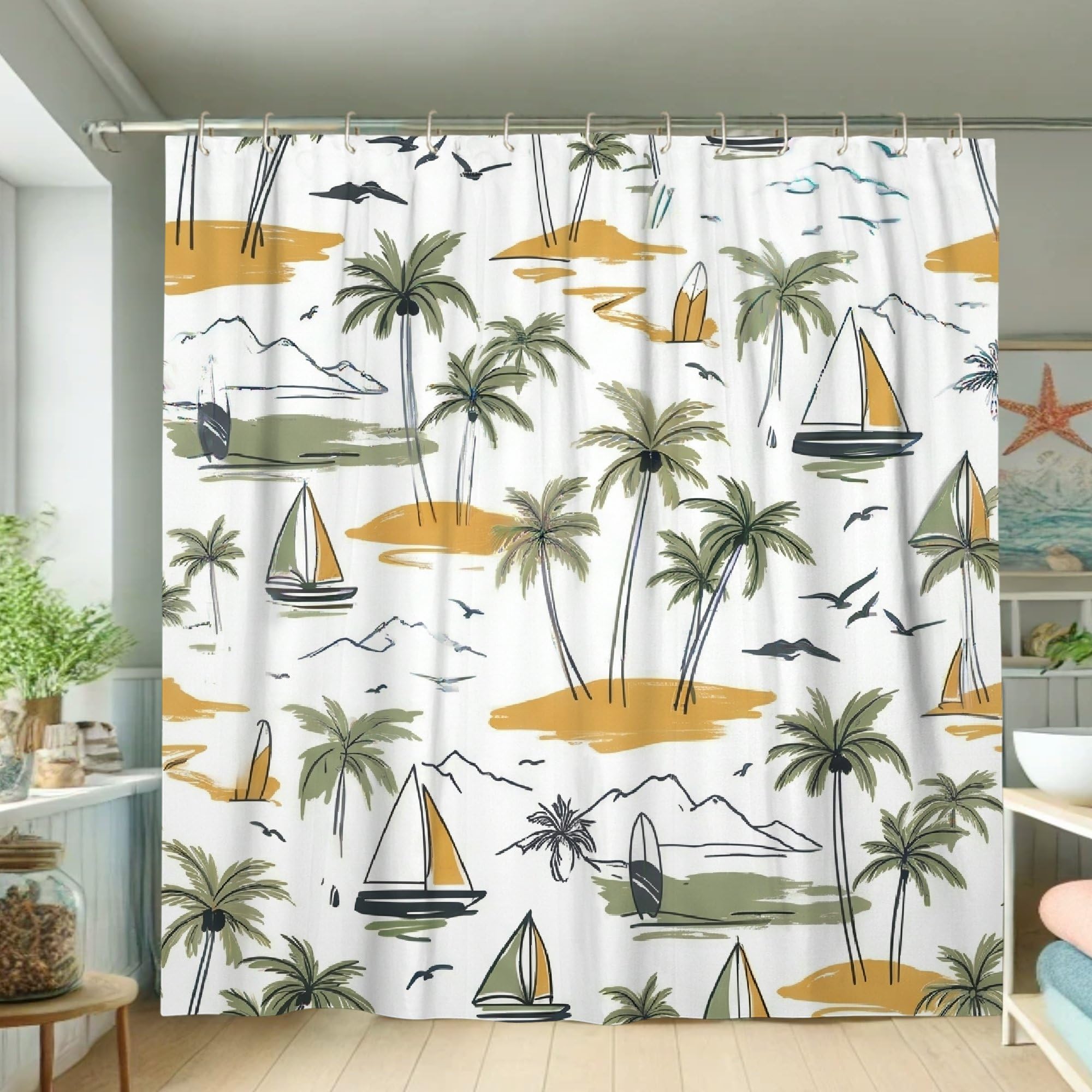 Rideau de douche tissu haut de gamme blanc à motif estival exotique 183 x 183 cm