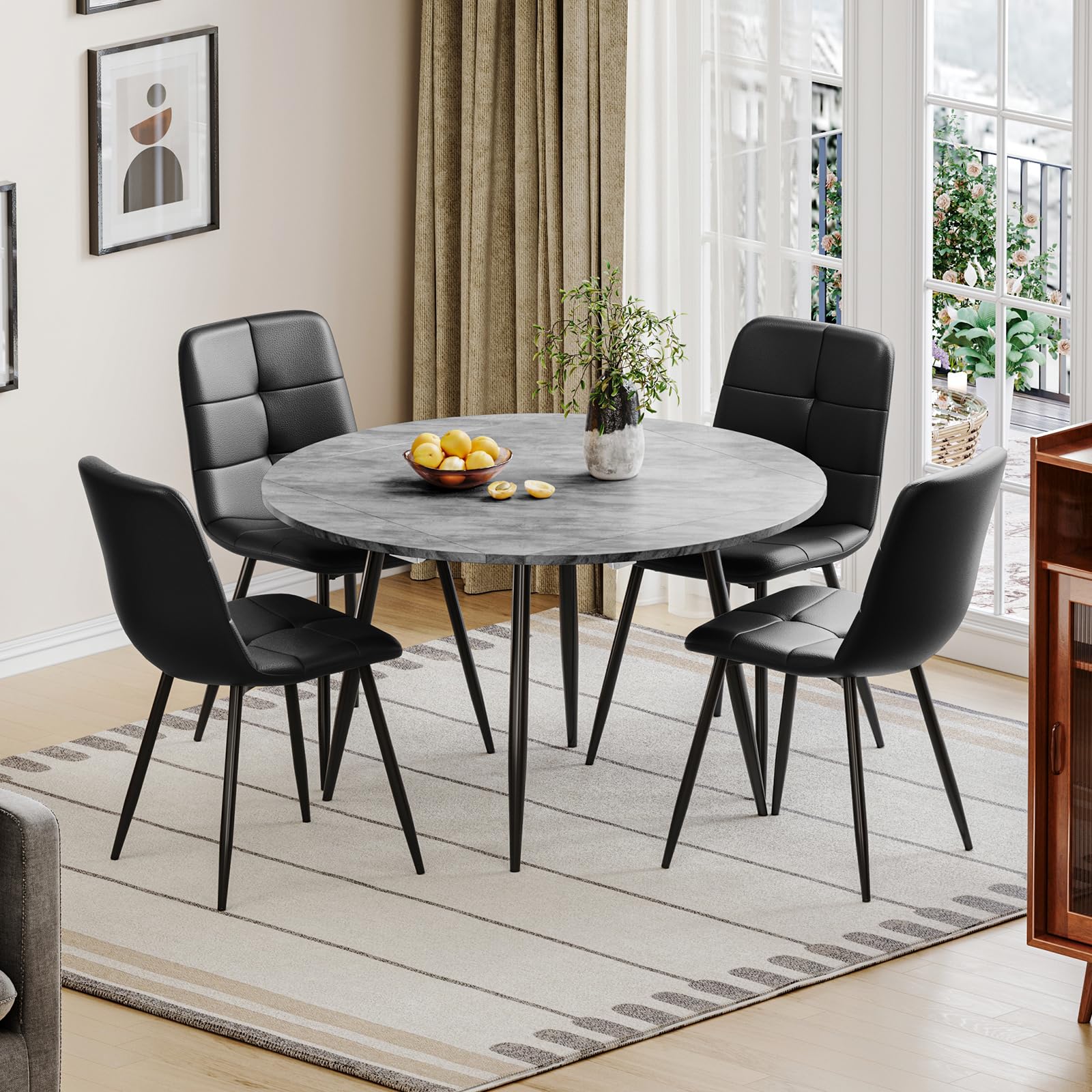 Extendable Round Dining Table and Chairs Set 4, Drop Leaf Folding Table Set