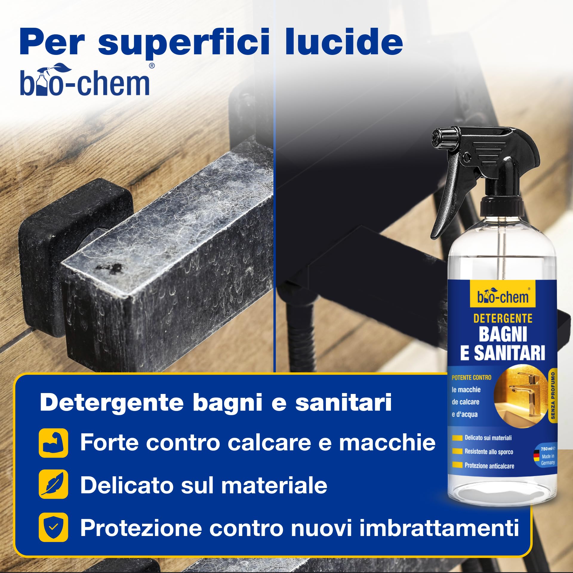 bio-chem Set di 6 detergenti per bagno, doccia e WC | Sbloccatore di scarichi 1L - Rimuovi calcare e urina 1L - Prodotto per superfici del bagno 750ml - Profi Set 6 prodotti