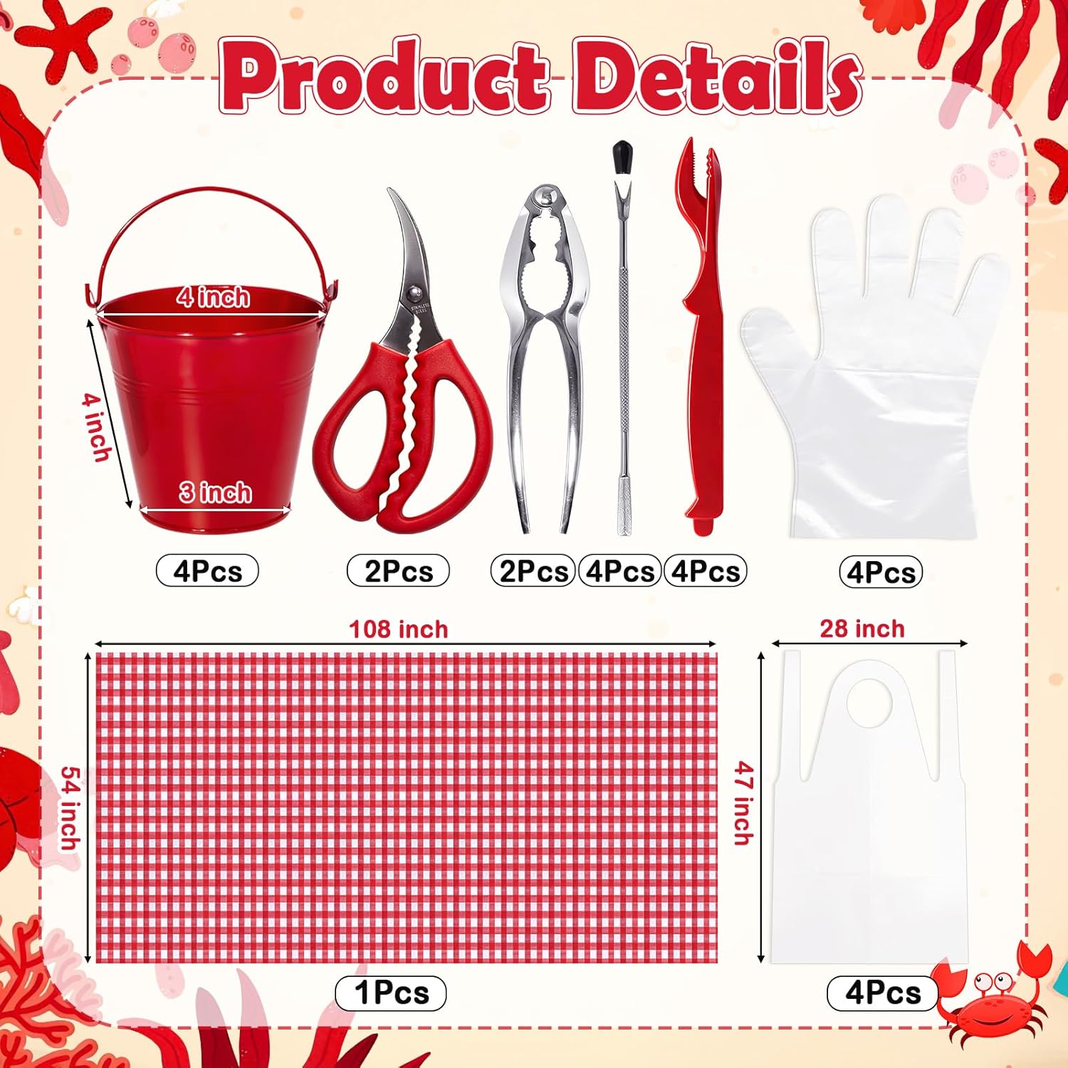 25 Pcs Seafood Tools Set, Crab Crackers and Accessories with Metal Bucket Crab Scissors Shellfish Forks Bibs Gloves and Tablecloth for Seafood Boil Party Supplies Festival Summer BBQ Picnic Birthday