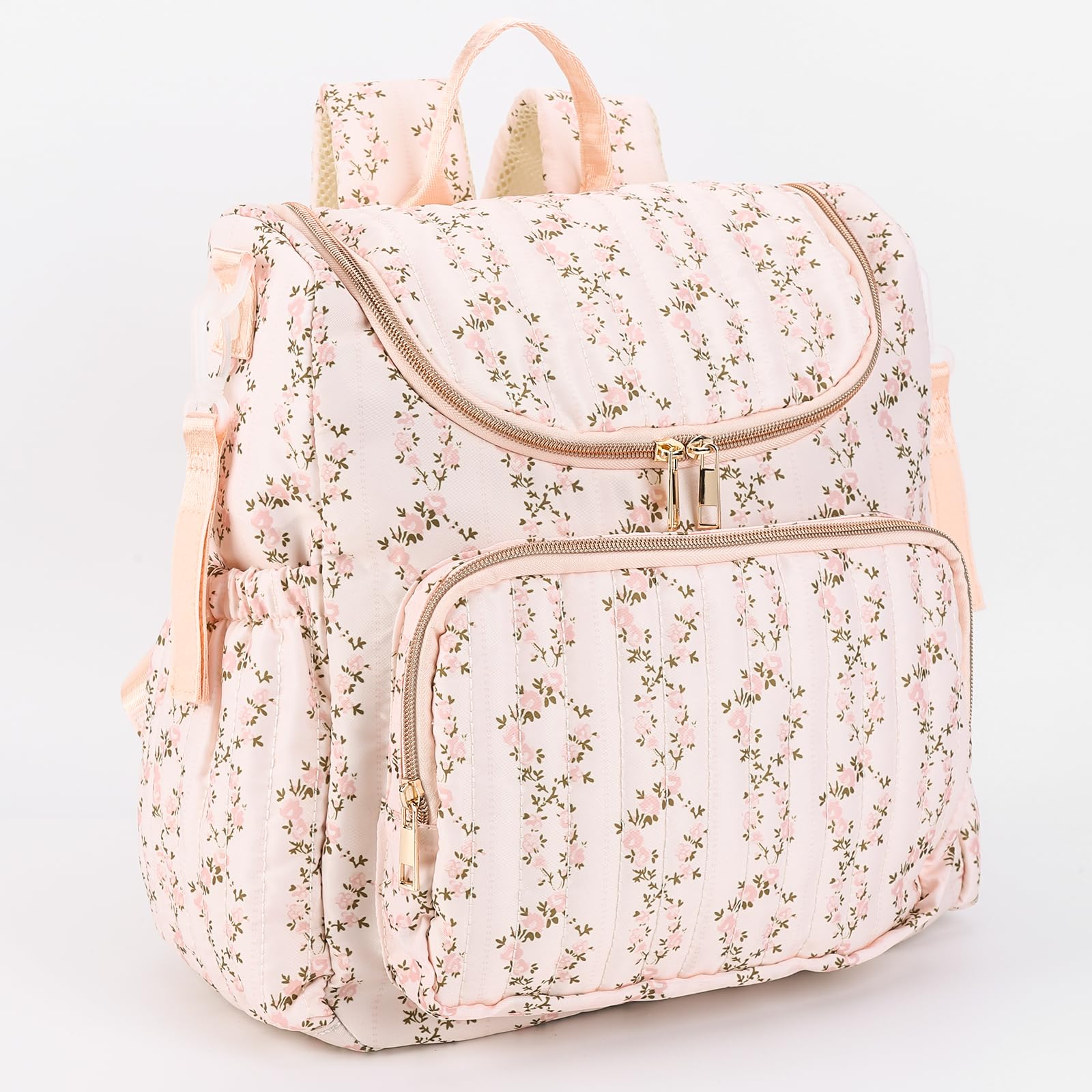 Wickelrucksack Damen, Toile de Jouy Wickeltasche Rucksack, Perfekt für Baby Erstausstattung Neugeborene, Große Windeltasche mit Kinderwagenbefestigung für Mütter (beige rosa blumenmuster)