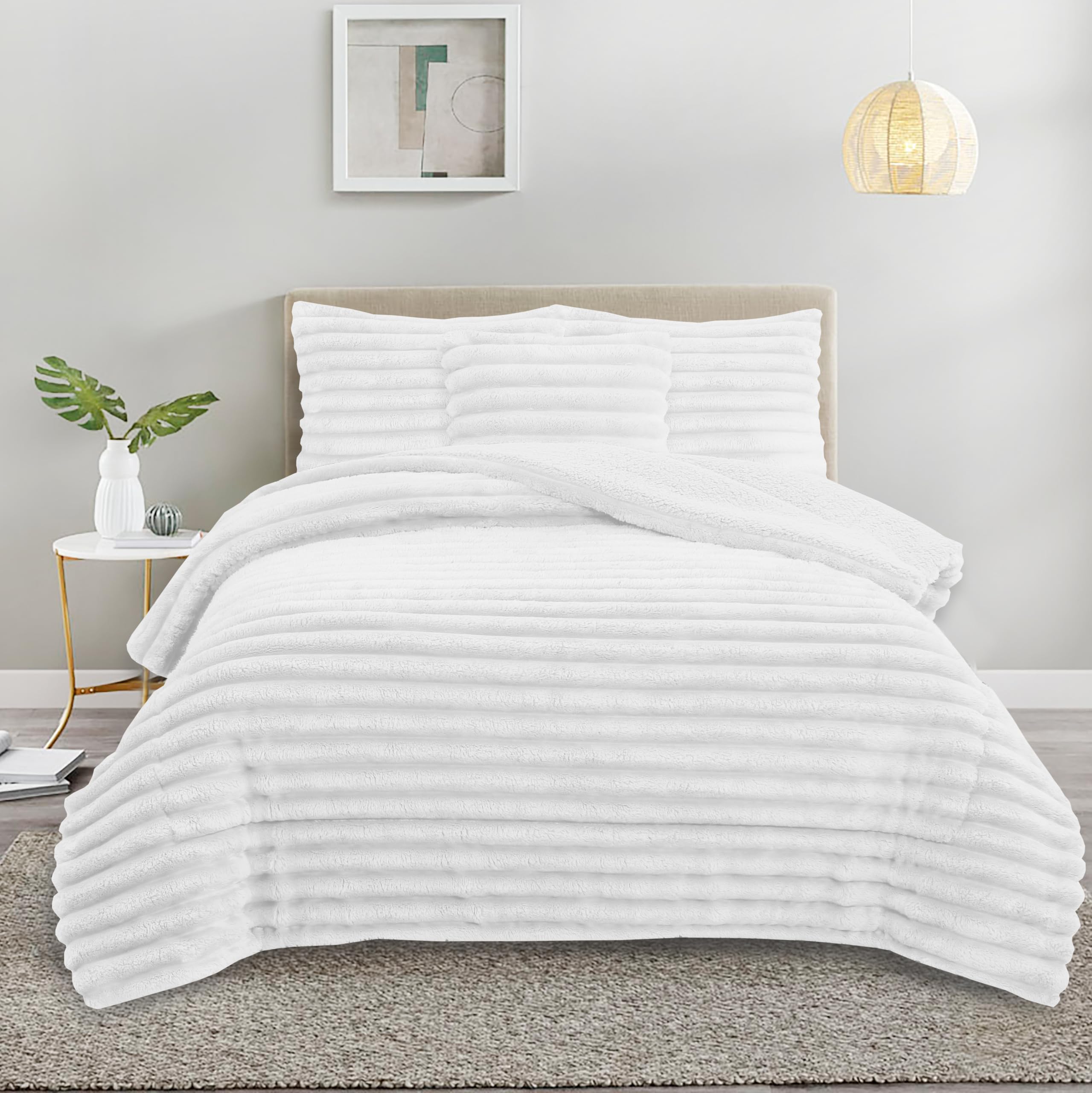 NOVOTEXTIL Edredón Invierno Sherpa Cama 150 (250x260) Extra Grueso 560gr/m2 Efecto Borreguito - Edredón Suave, Cálido y Transpirable con 2 Fundas Almohada (50x70) (Estocolmo Blanco)