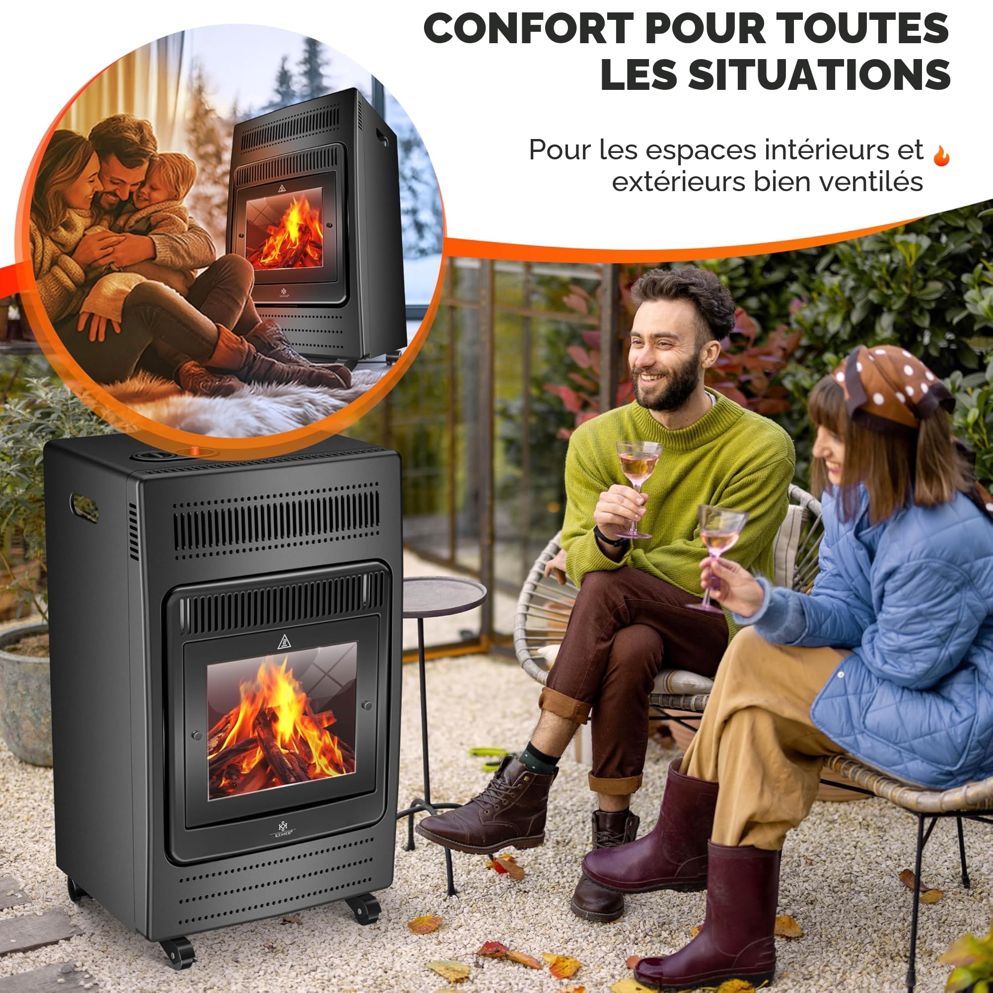 KESSER® Chauffage à gaz Poêle à gaz Radiateur infrarouge 3,4 k W Foyer au gaz 2 niveaux de chauffage infrarouge 3 400 W Chauffage radiant au gaz Bouteilles de butane ou de propane jusqu'à 11kg, noir