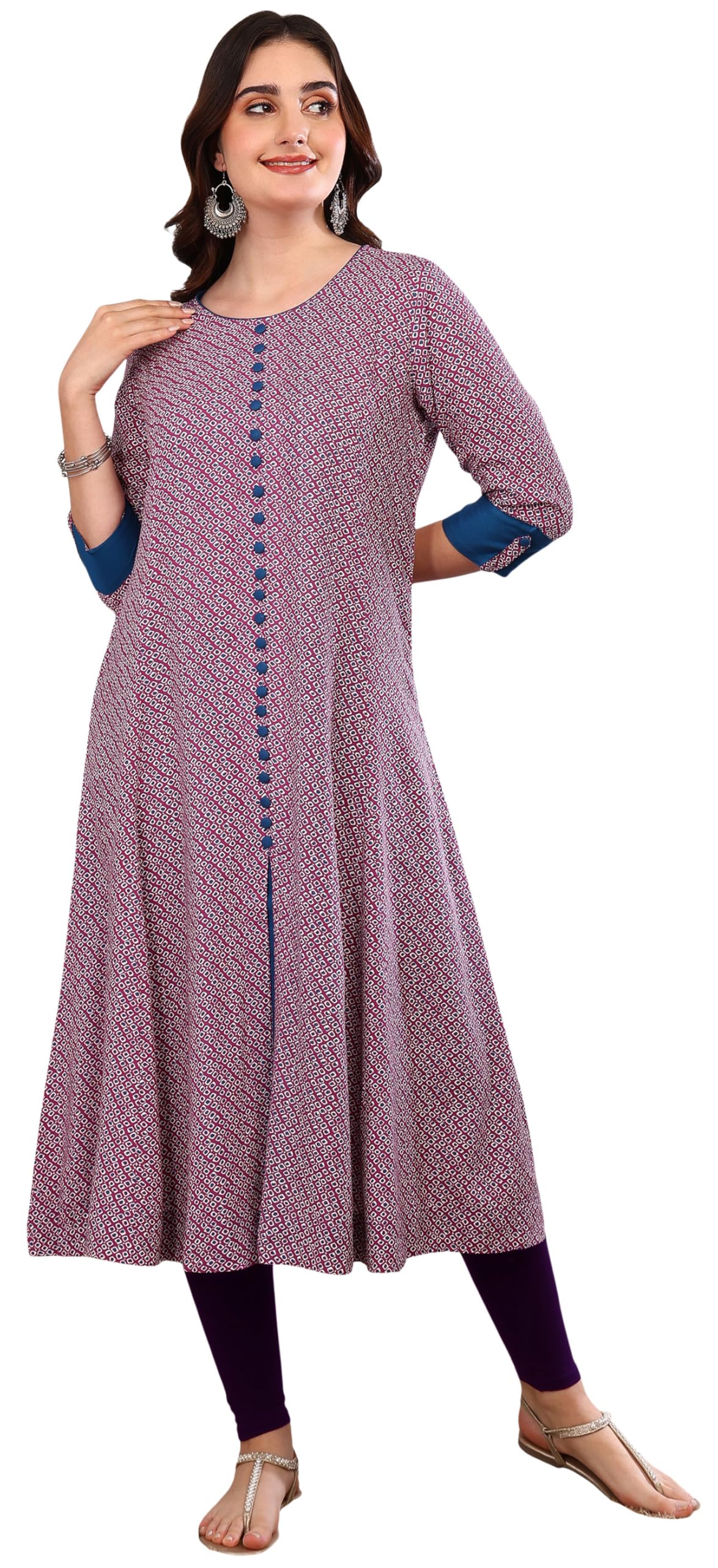Yash Gallery Women's Rayon Relaxed Fit A Line Round Neck Geometrical Printed A-Line Kurta