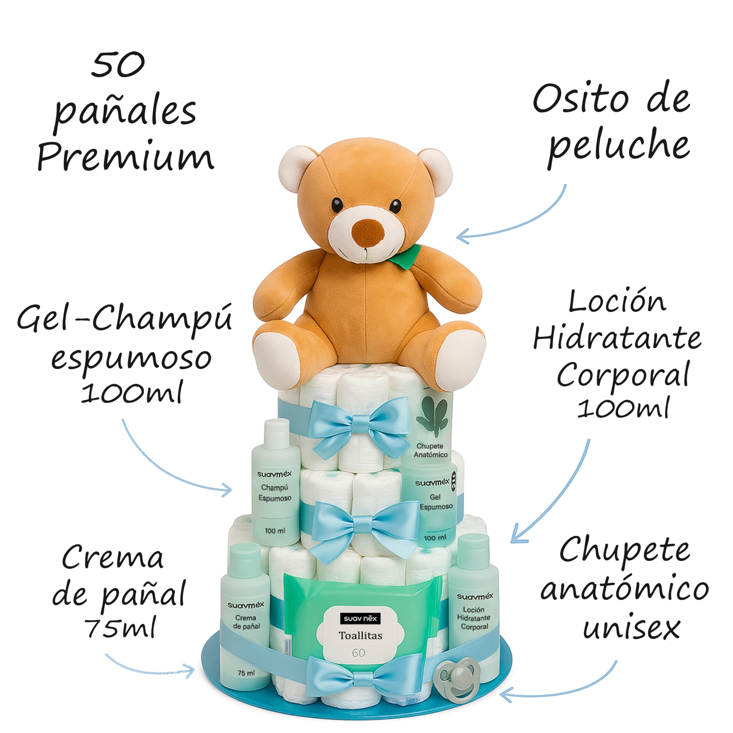 Tarta de Pañales Personalizable Azul Regalo Bebé Recién Nacido Niño Niña Canastilla Bebe Recién Nacido. Chupete Gel Toallitas Loción Crema. Cesta Accesorios Bebe Recien Nacido Regalos Mamás Primerizas