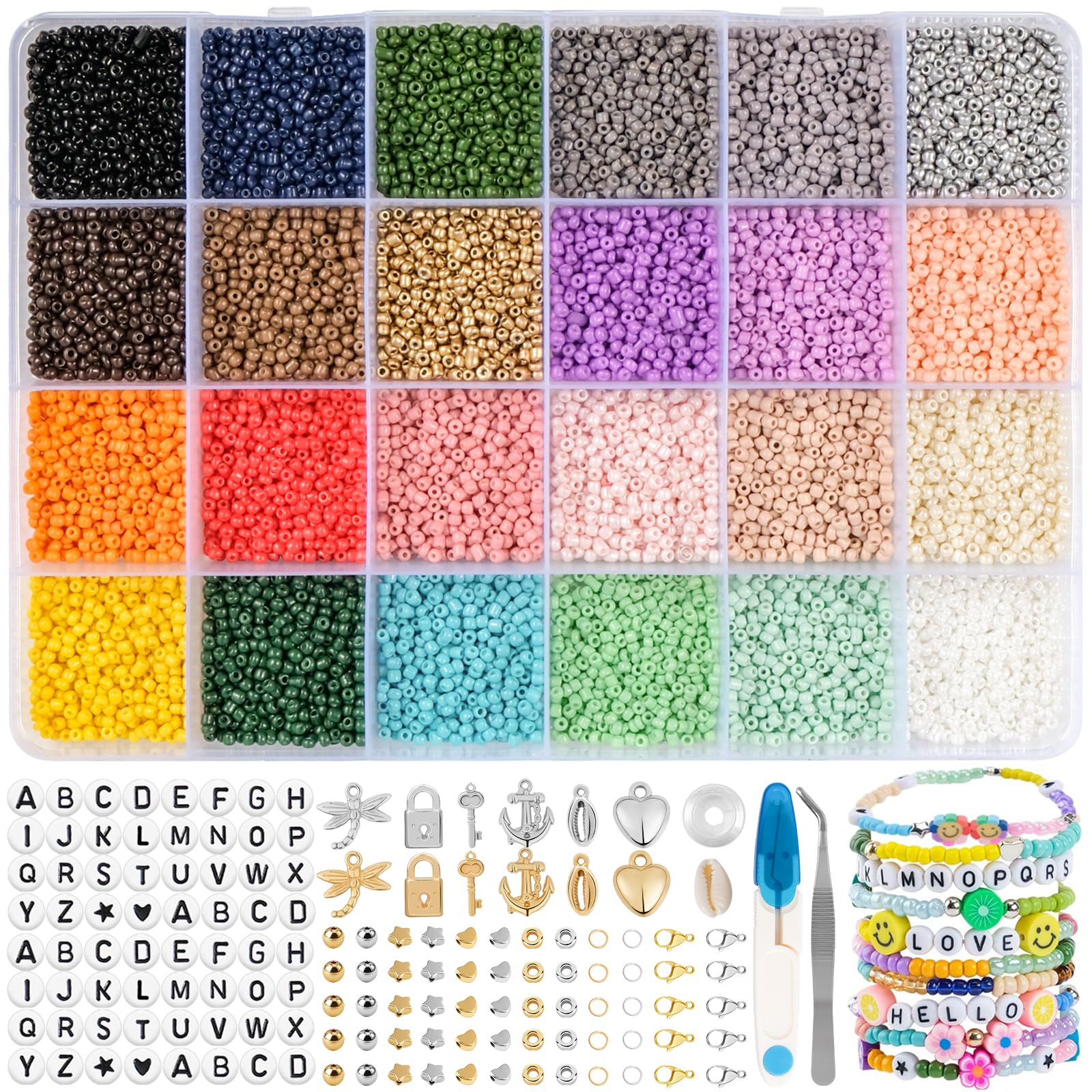 RUBY 2mm Abalorios para Hacer Pulseras, 24 Colores Cuentas para Pulseras con 300 Abalorios Letras Kit Bolitas para Hacer Pulseras Regalo para Niños y Adultos en Navidad, Fiestas, Recompensass, etc.