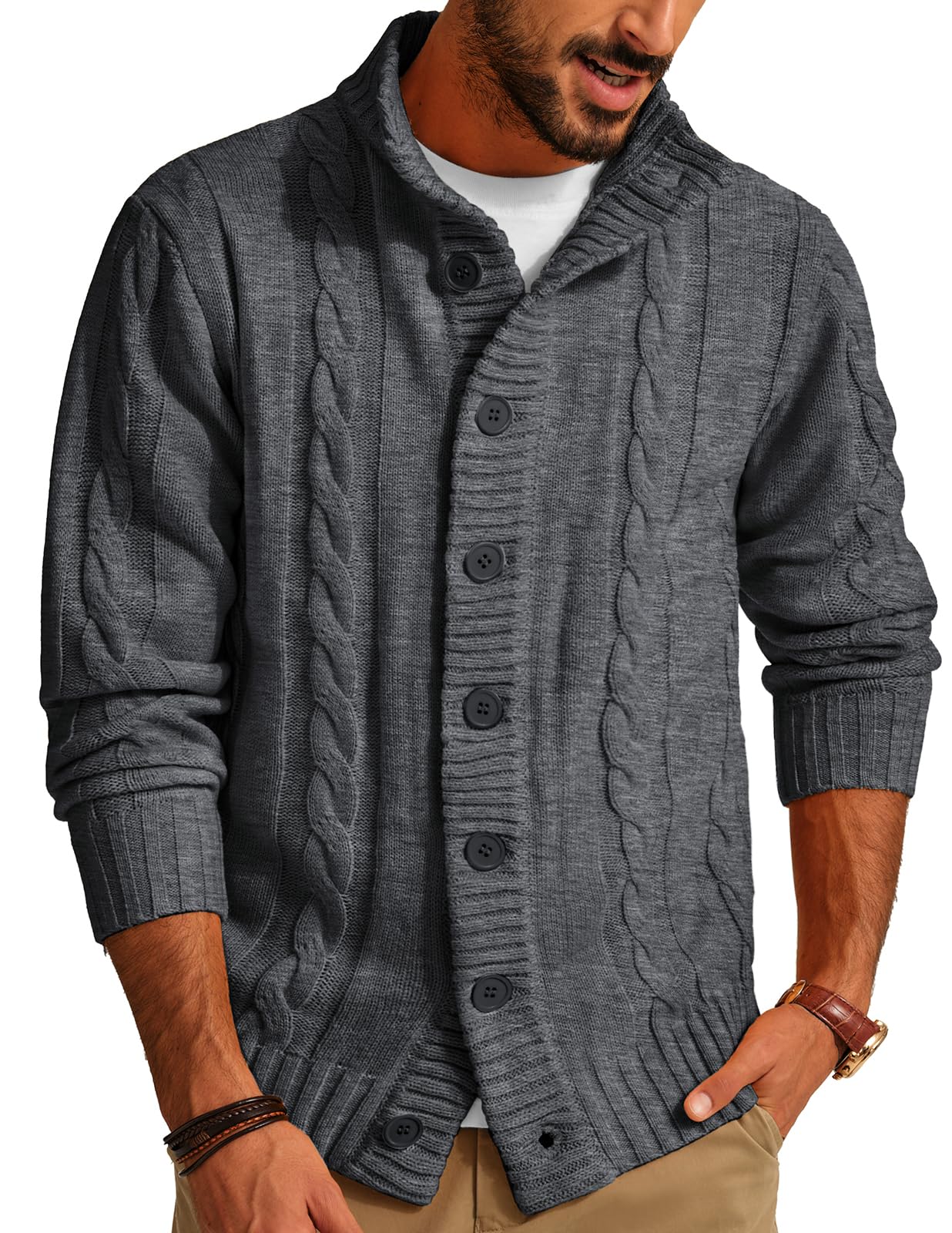Men's Cardigan Sweaters Stand Collar Long Sleeve Cable Knit Button Down Sweater